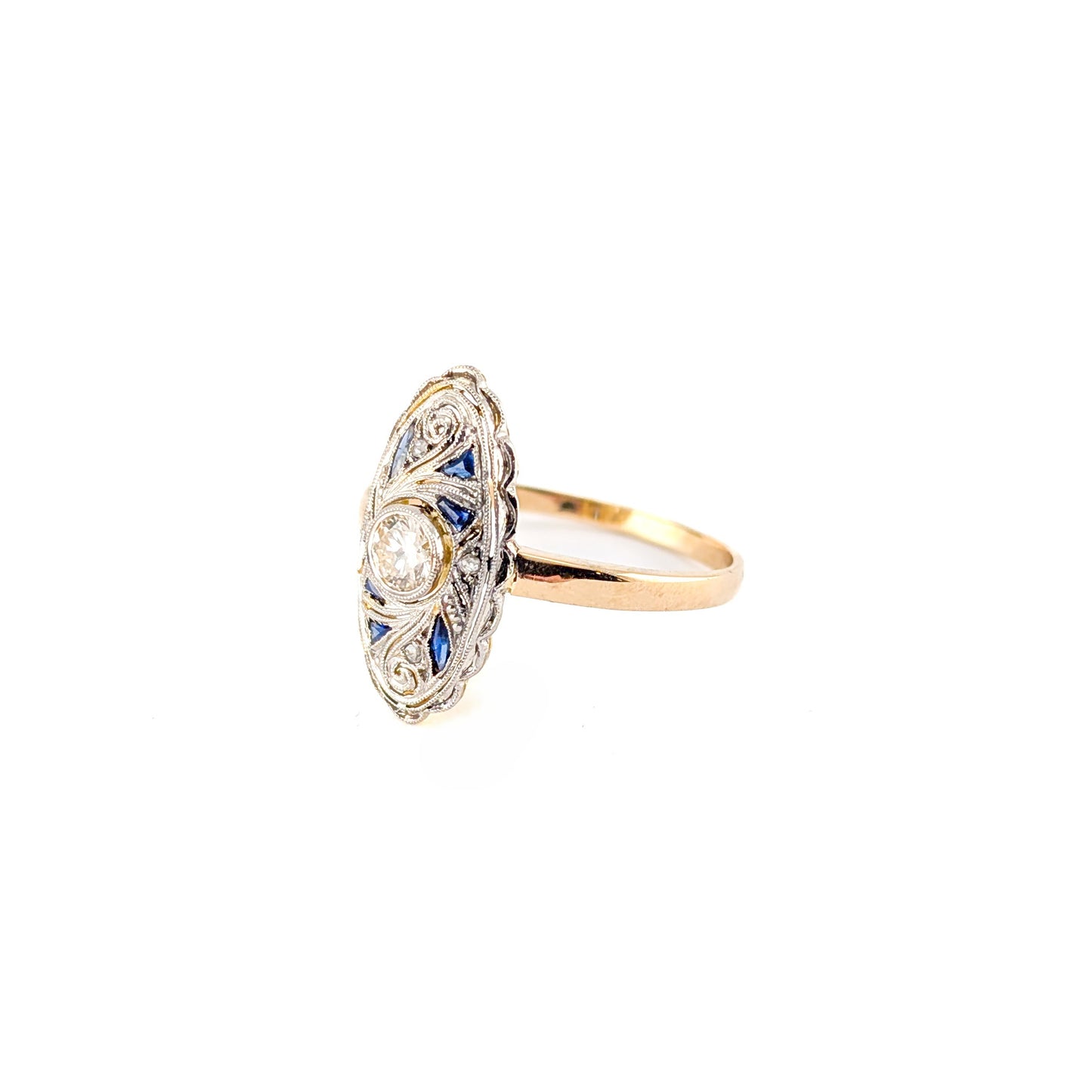 Antique 18K Gold & Platinum Diamond and Synthetic Sapphire Ring