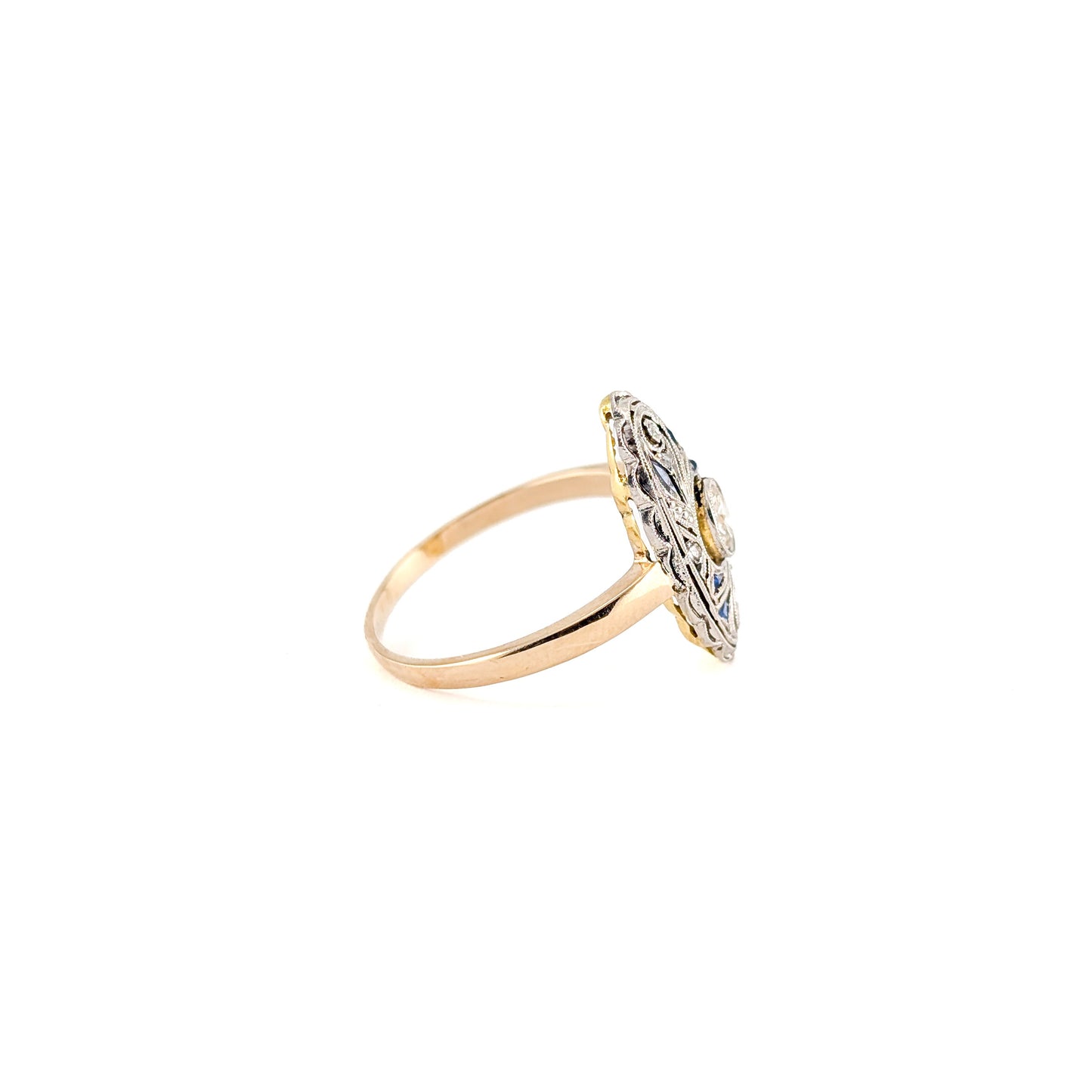 Antique 18K Gold & Platinum Diamond and Synthetic Sapphire Ring