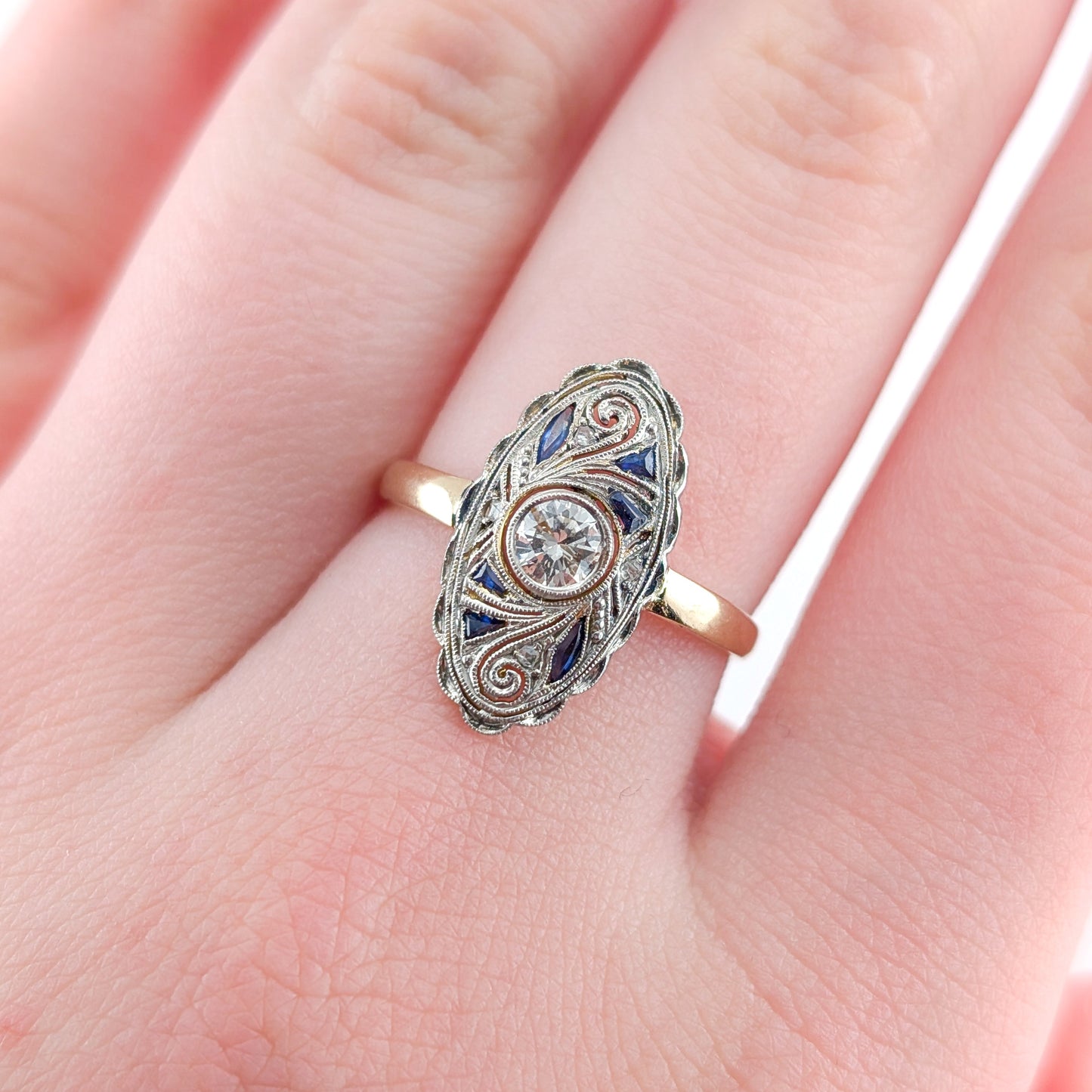 Antique 18K Gold & Platinum Diamond and Synthetic Sapphire Ring