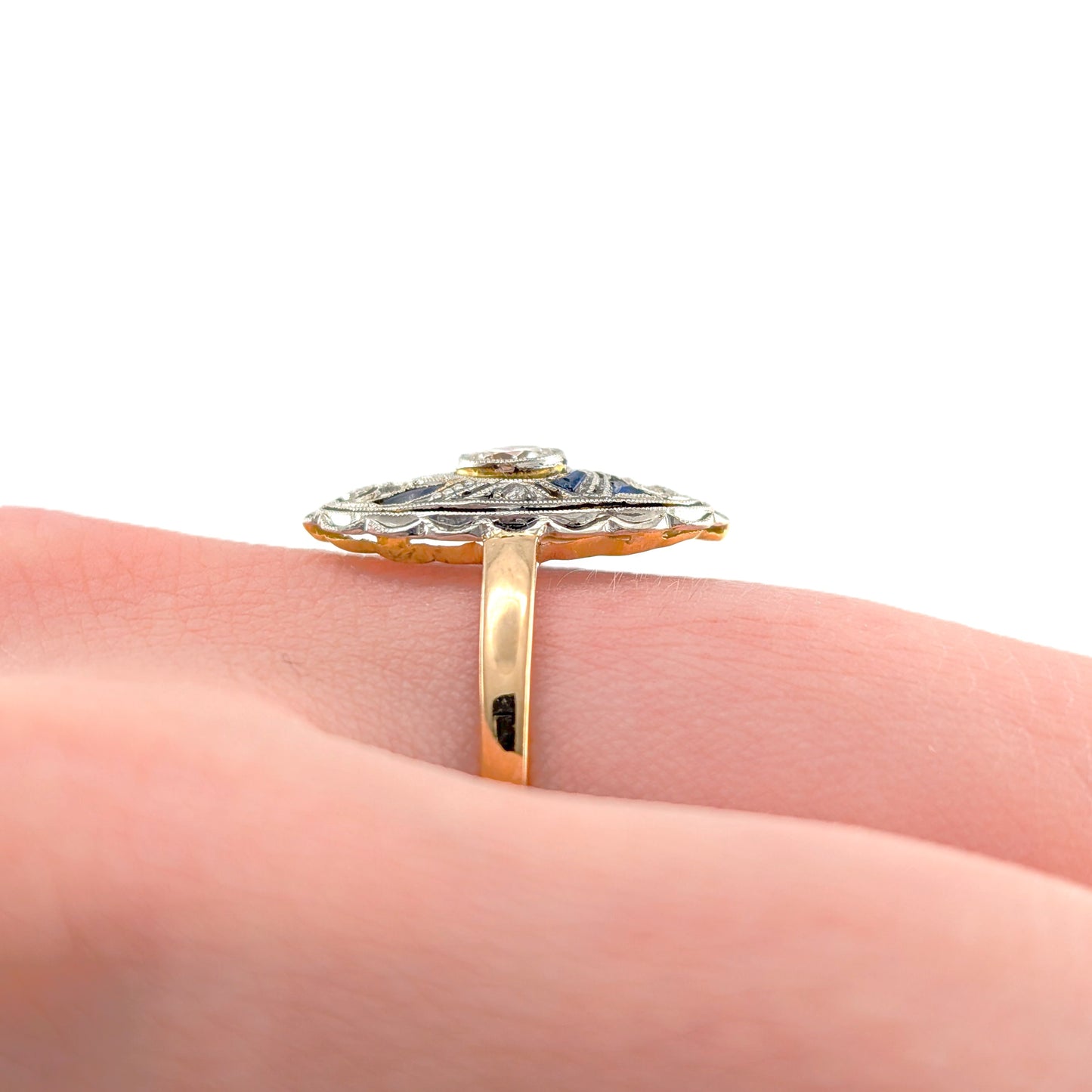 Antique 18K Gold & Platinum Diamond and Synthetic Sapphire Ring