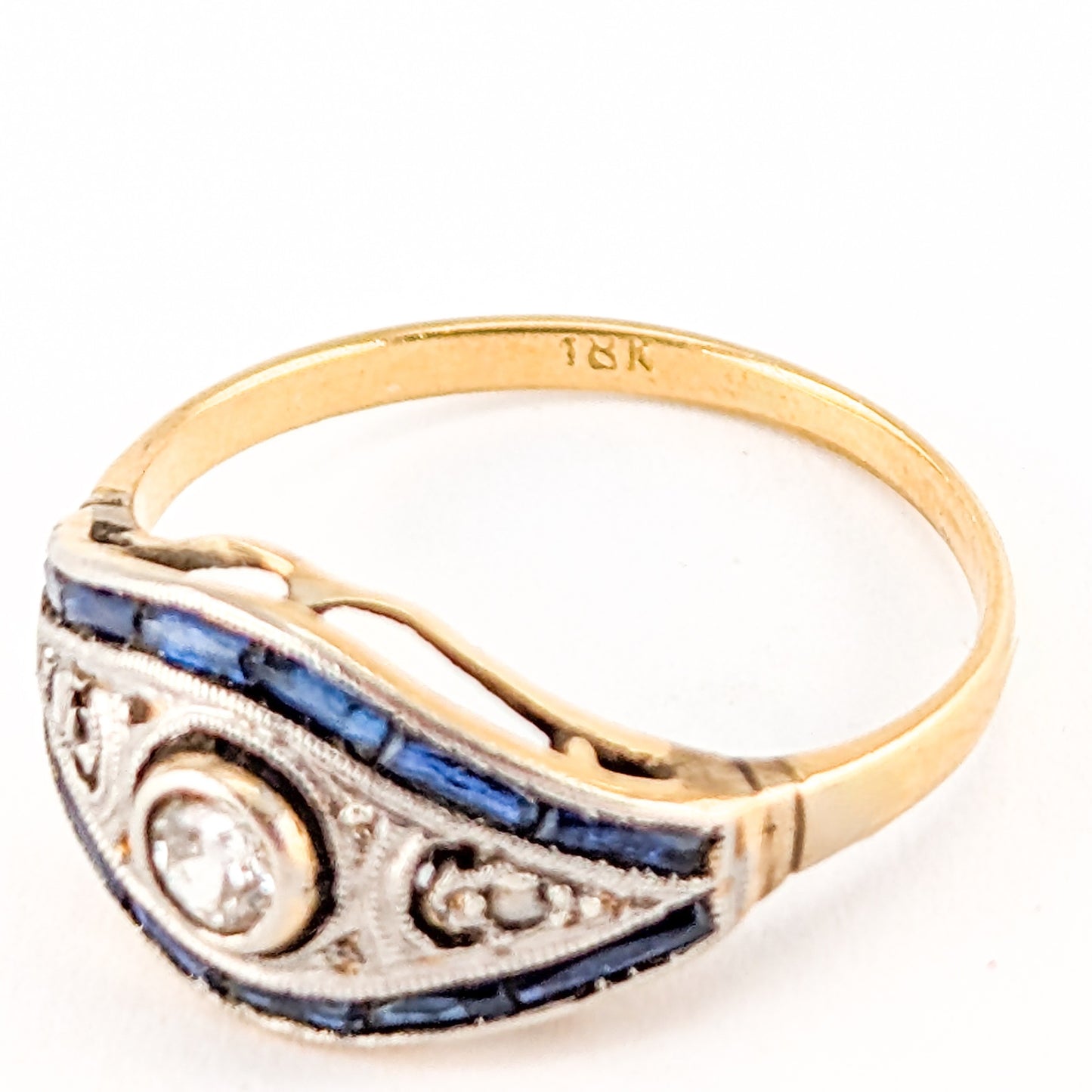 Antique Diamond & Sapphire Art Deco Navette Ring in 18K Gold
