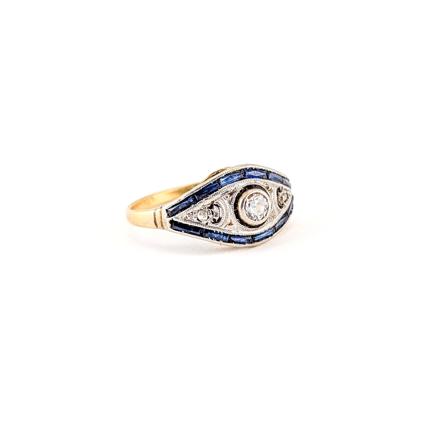 Antique Diamond & Sapphire Art Deco Navette Ring in 18K Gold