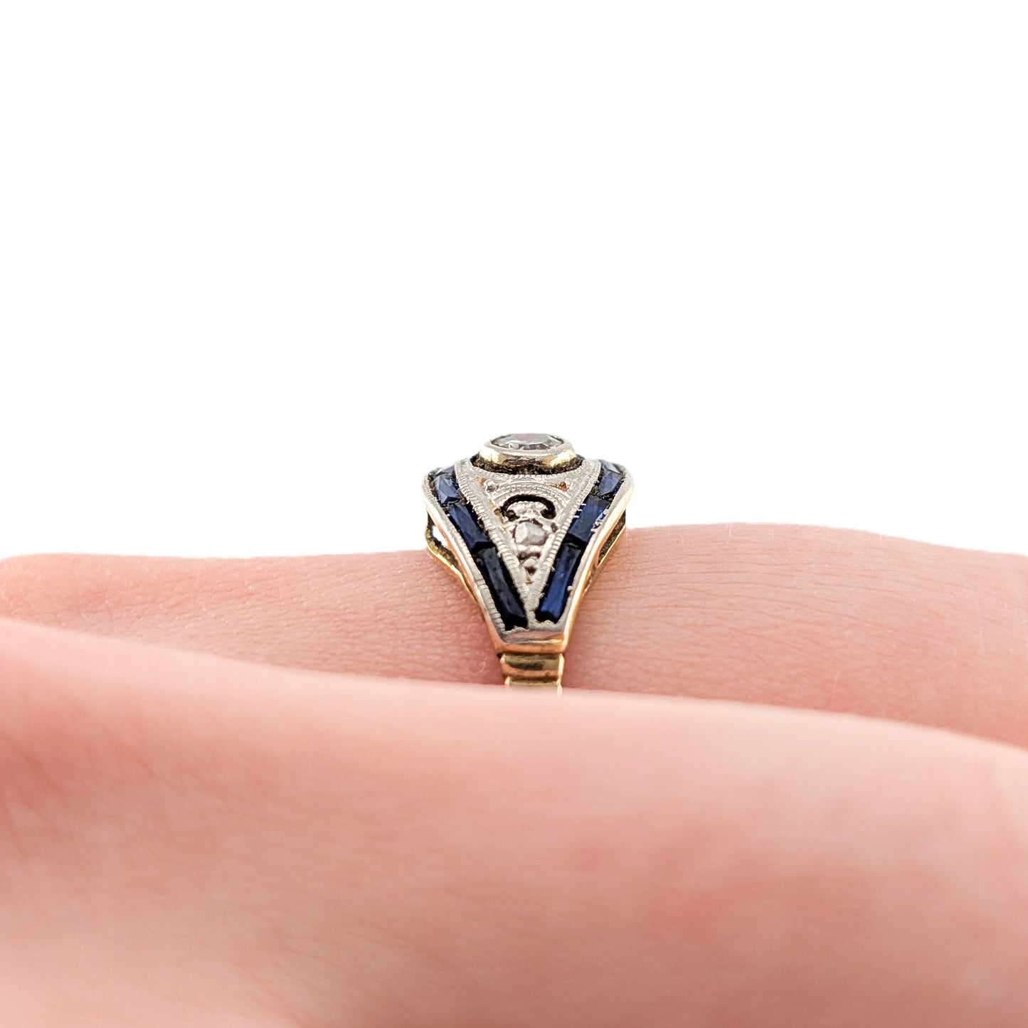 Antique Diamond & Sapphire Art Deco Navette Ring in 18K Gold