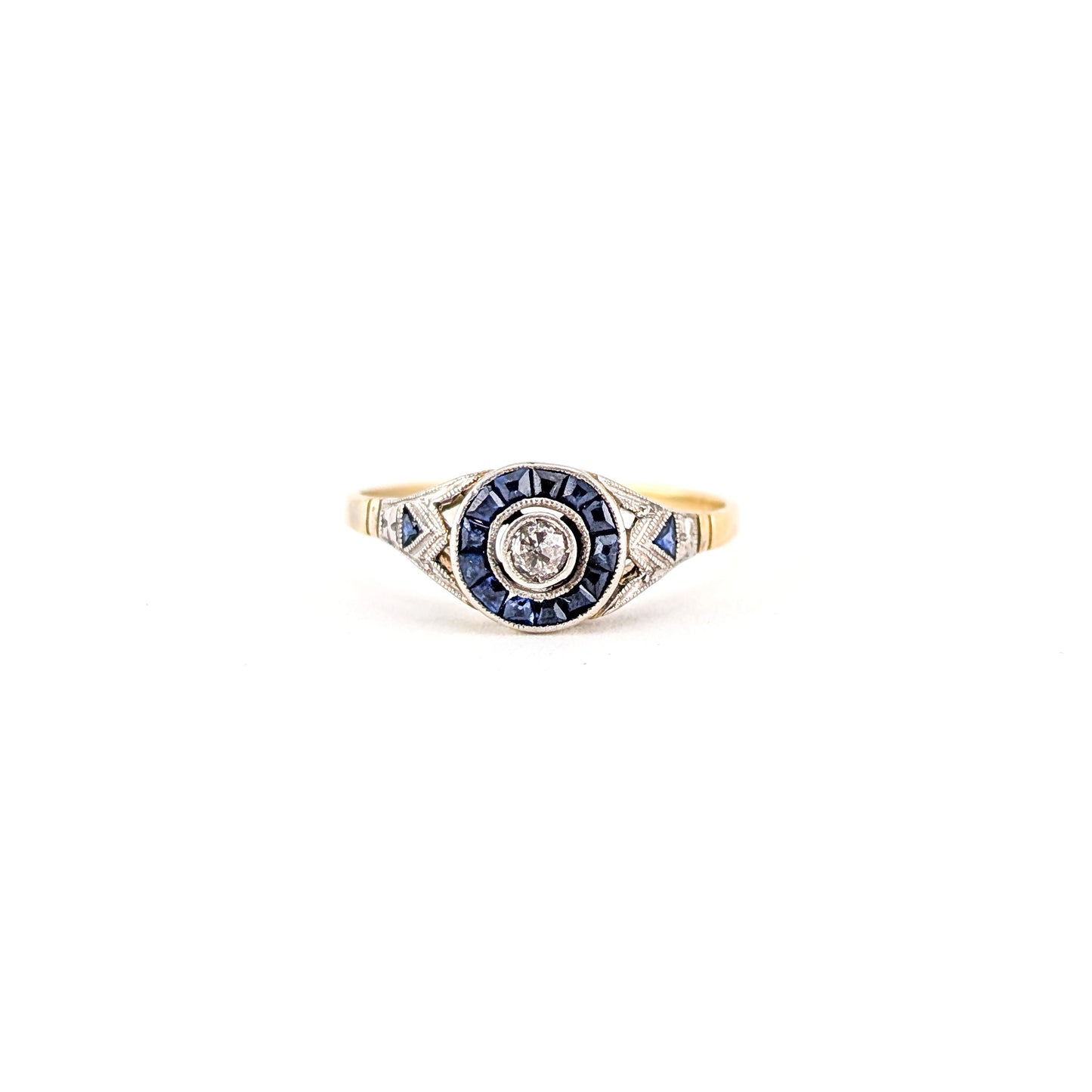 Antique Art Deco Diamond & Sapphire Halo Ring in 18K Gold