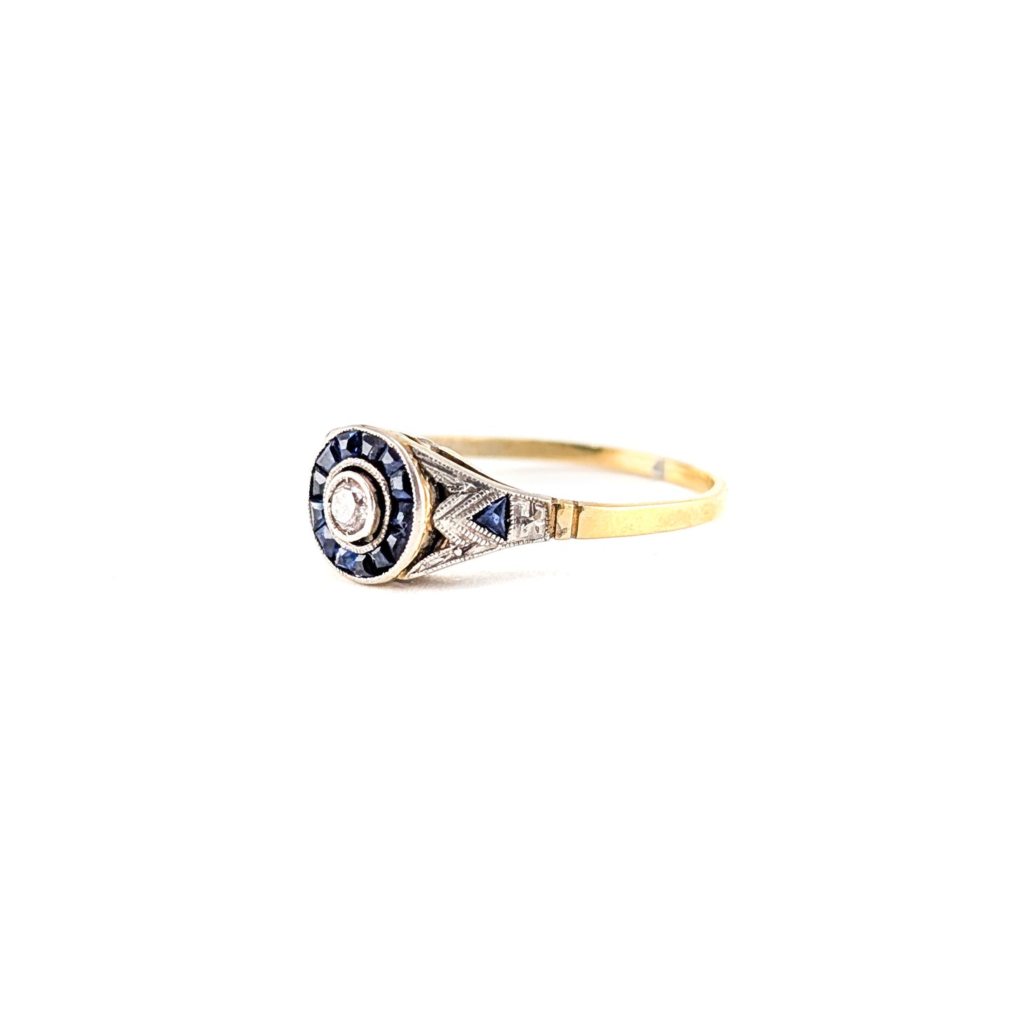 Antique Art Deco Diamond & Sapphire Halo Ring in 18K Gold
