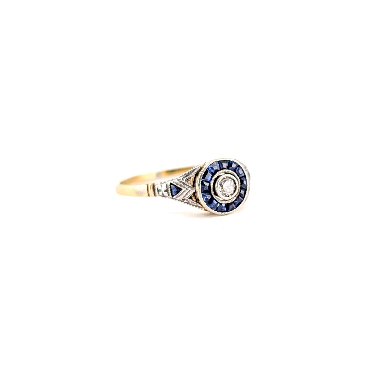 Antique Art Deco Diamond & Sapphire Halo Ring in 18K Gold
