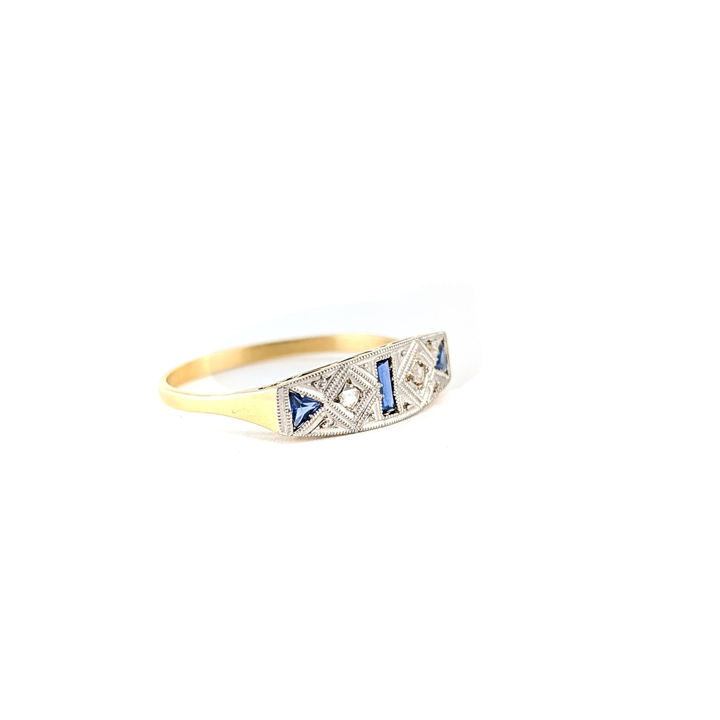 Art Deco Sapphire & Diamond Geometric Band Ring in 18K Gold