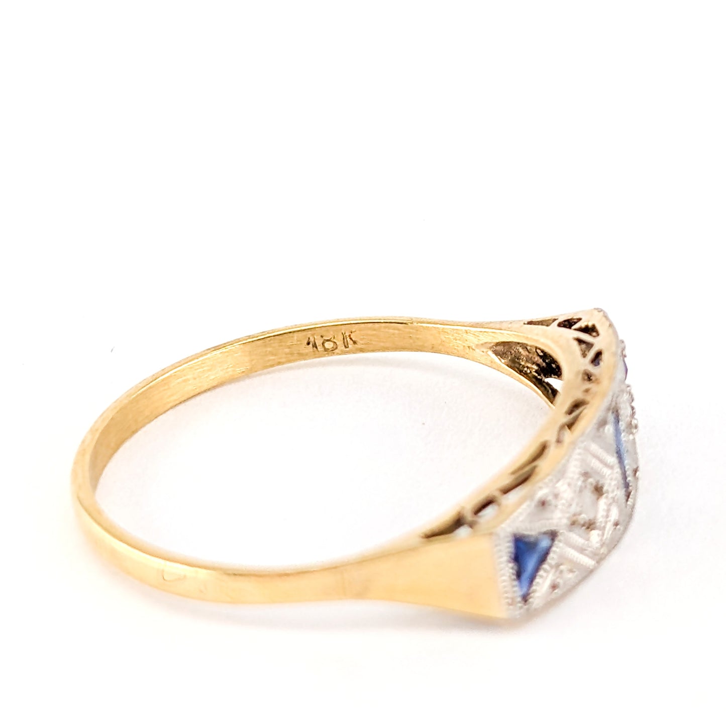 Art Deco Sapphire & Diamond Geometric Band Ring in 18K Gold