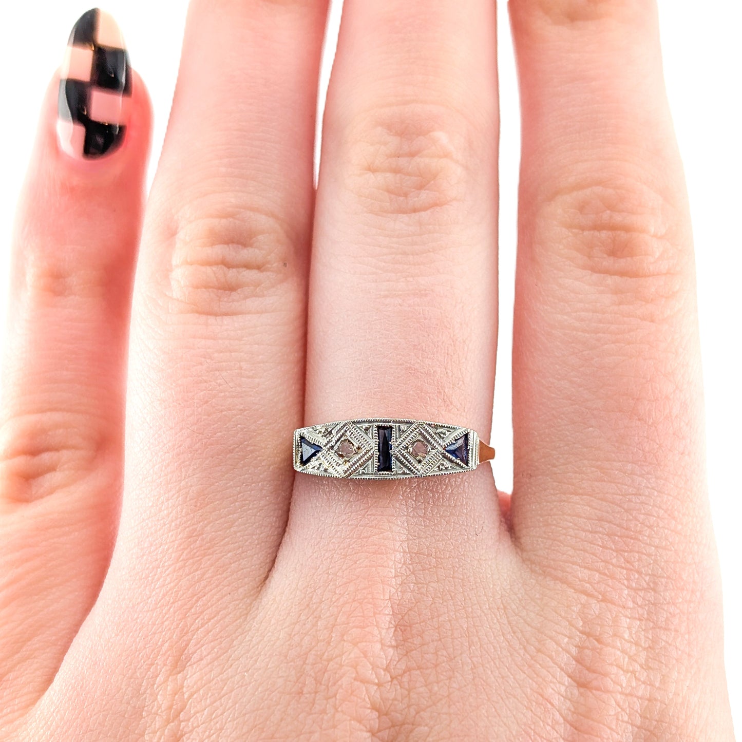 Art Deco Sapphire & Diamond Geometric Band Ring in 18K Gold
