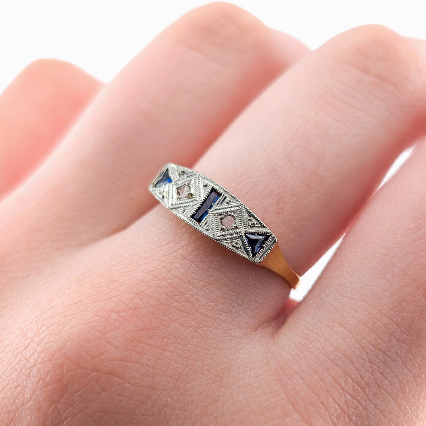Art Deco Sapphire & Diamond Geometric Band Ring in 18K Gold
