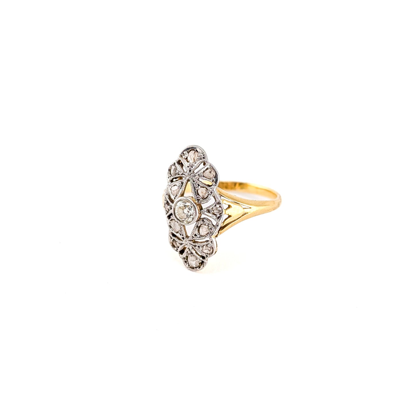 Antique 18K Gold & Platinum Diamond Navette Ring
