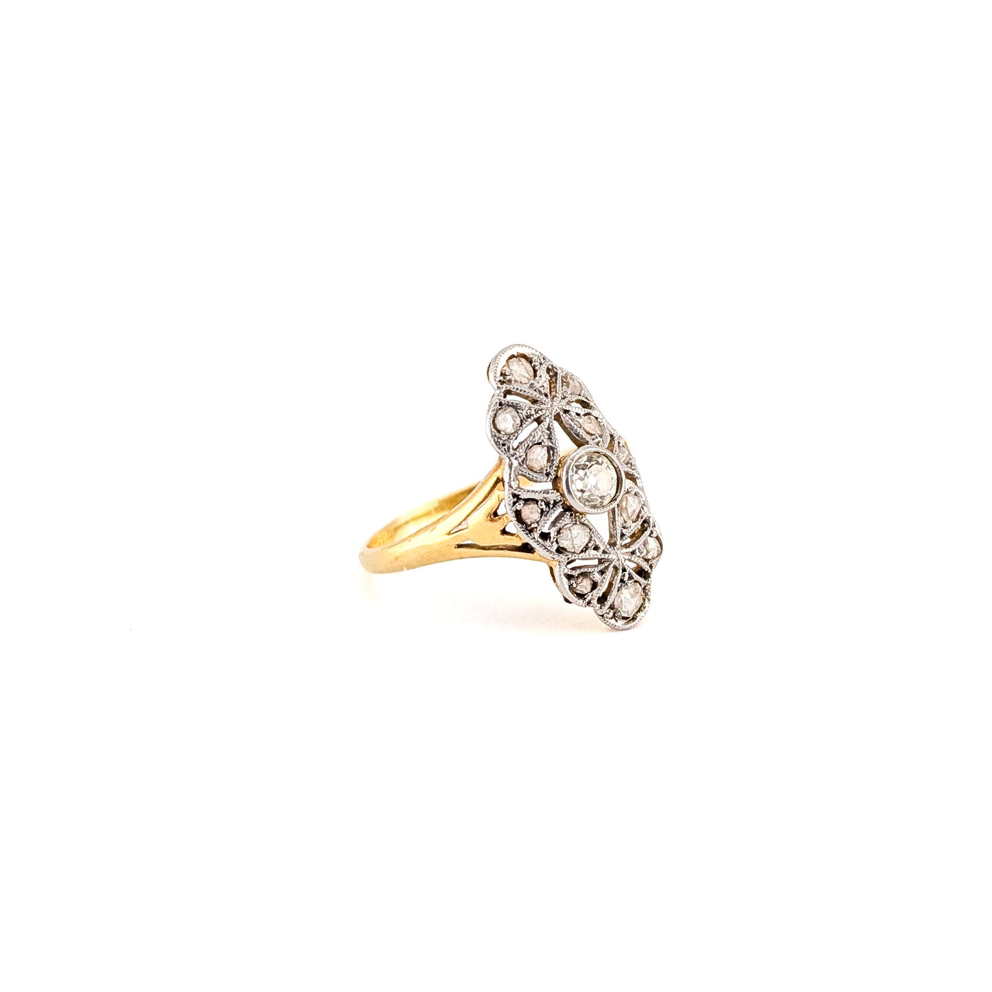 Antique 18K Gold & Platinum Diamond Navette Ring
