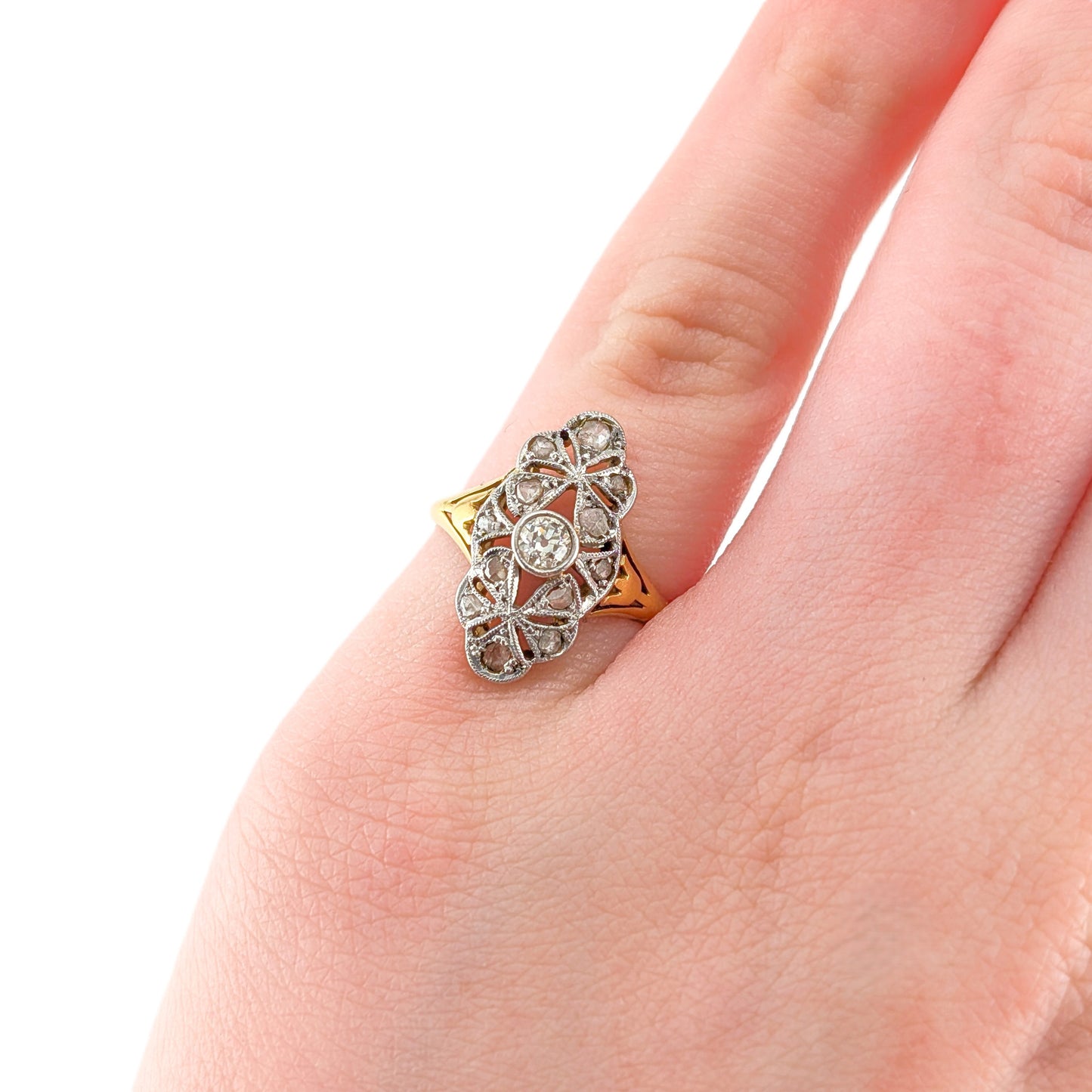 Antique 18K Gold & Platinum Diamond Navette Ring