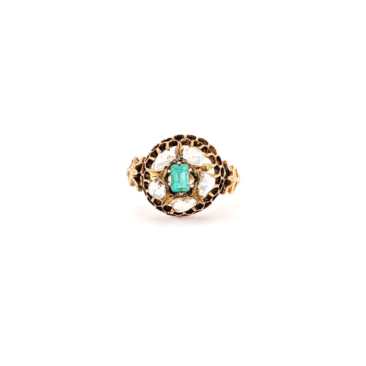 Antique 14K Gold Emerald and Rose Cut Diamond Cluster Ring