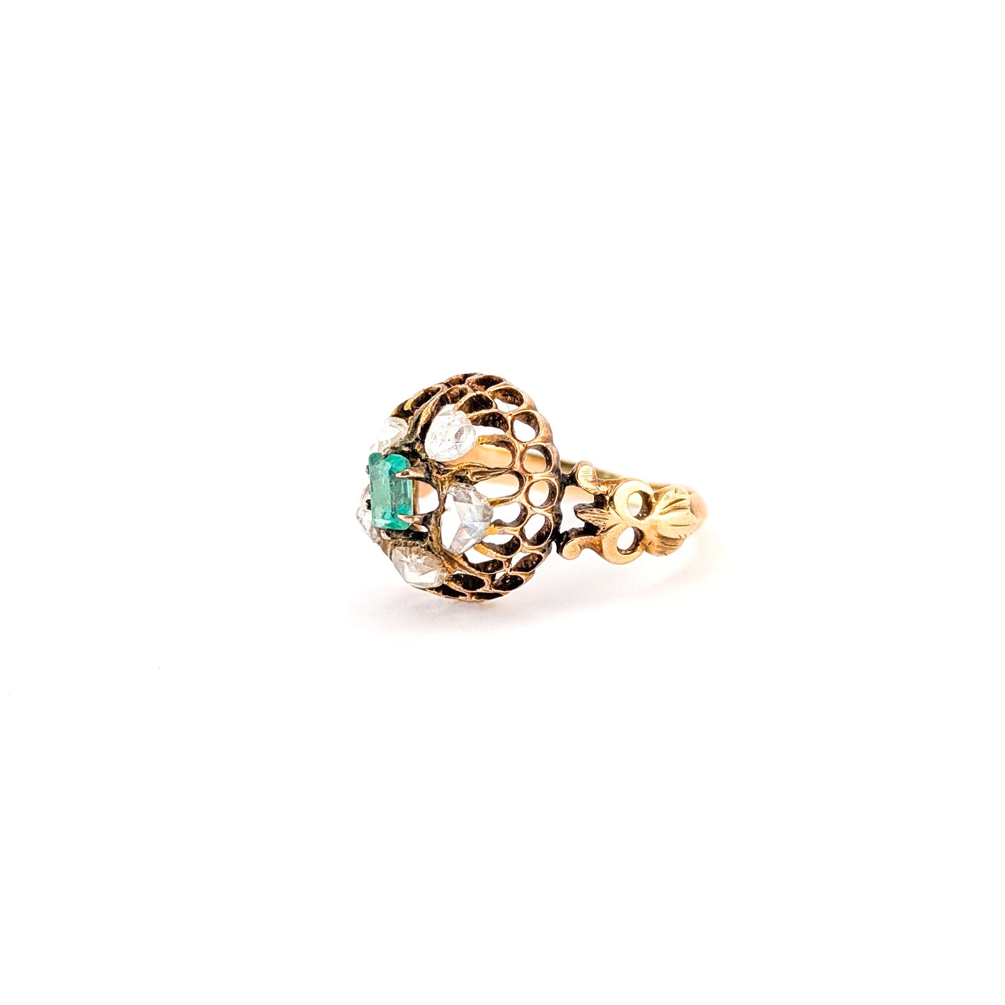 Antique 14K Gold Emerald and Rose Cut Diamond Cluster Ring