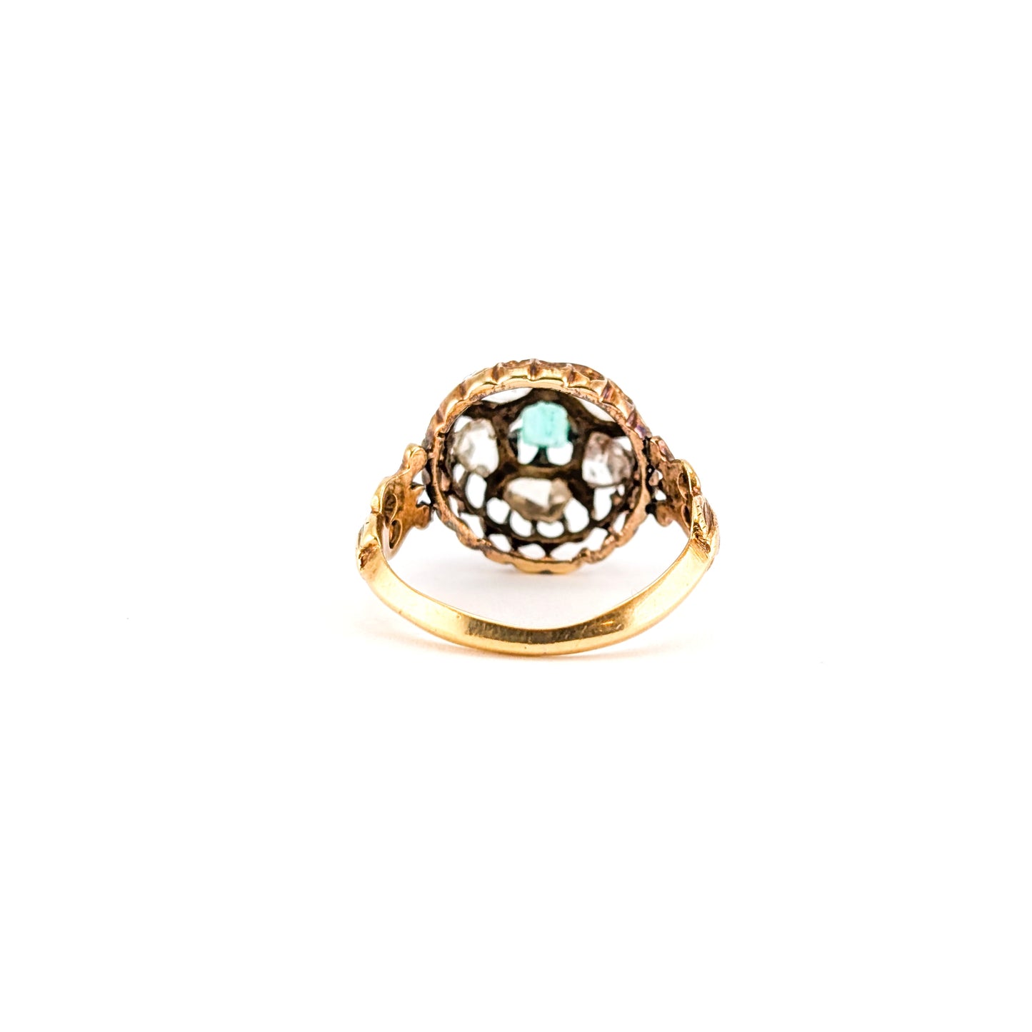 Antique 14K Gold Emerald and Rose Cut Diamond Cluster Ring