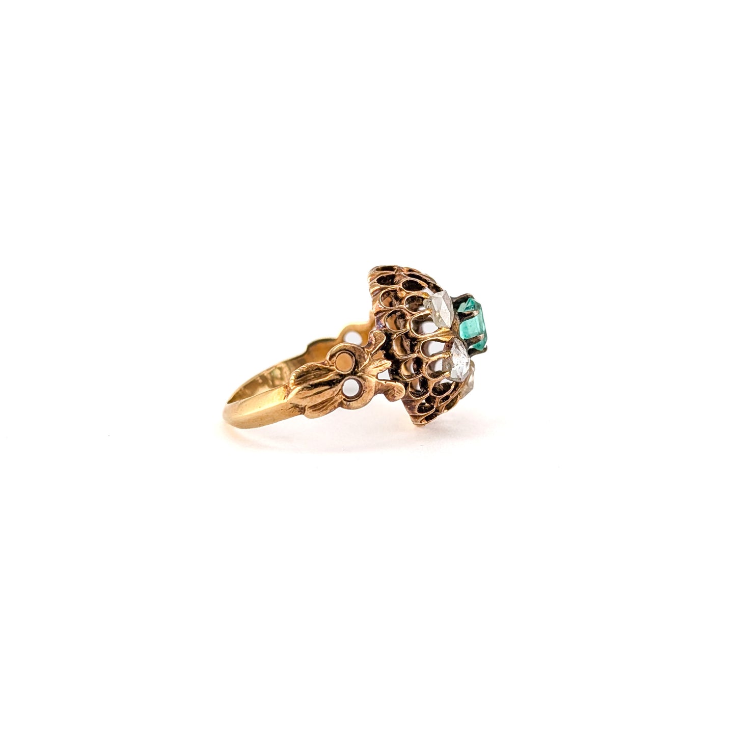 Antique 14K Gold Emerald and Rose Cut Diamond Cluster Ring