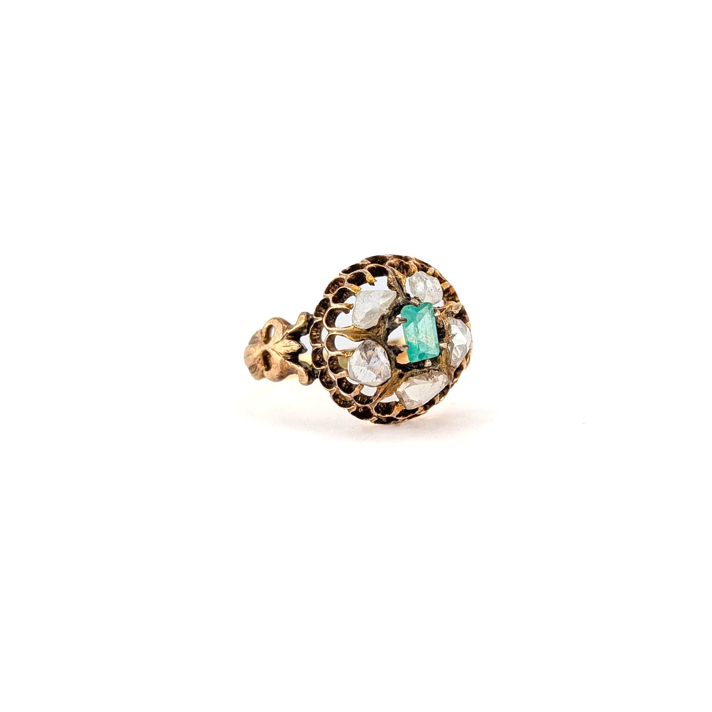 Antique 14K Gold Emerald and Rose Cut Diamond Cluster Ring