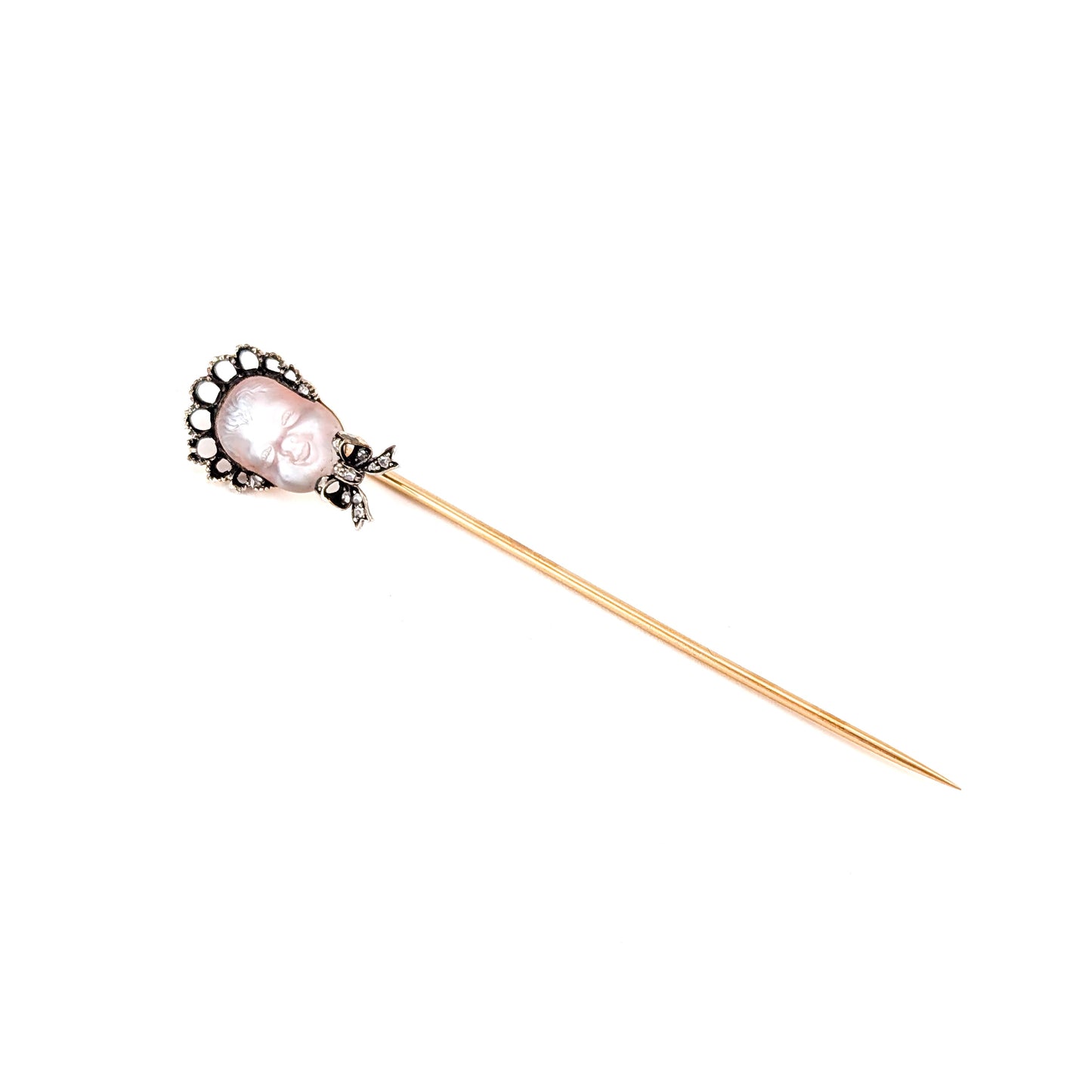 Antique Carved Moonstone Face & Diamond Stick Pin in 14K Yellow Gold and Silver