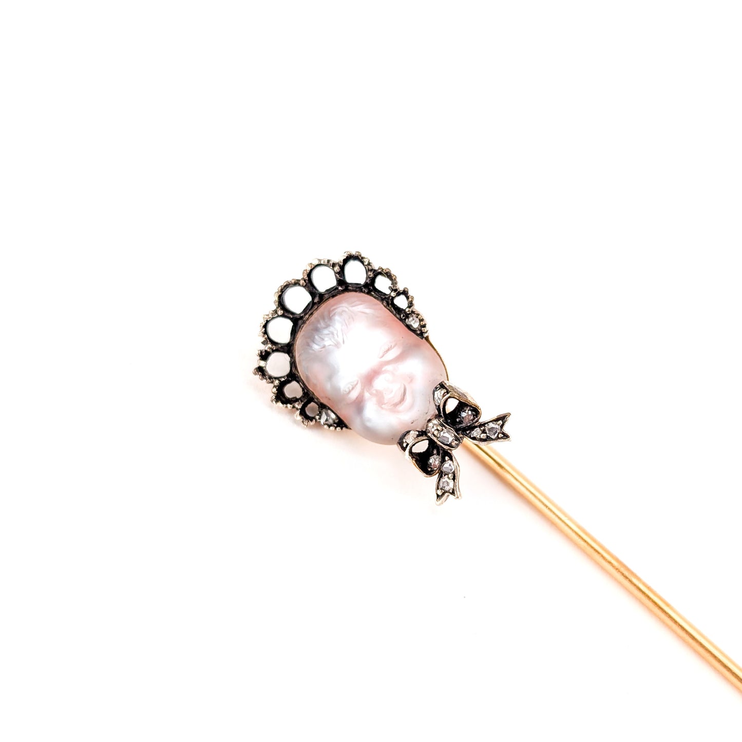 Antique Carved Moonstone Face & Diamond Stick Pin in 14K Yellow Gold and Silver