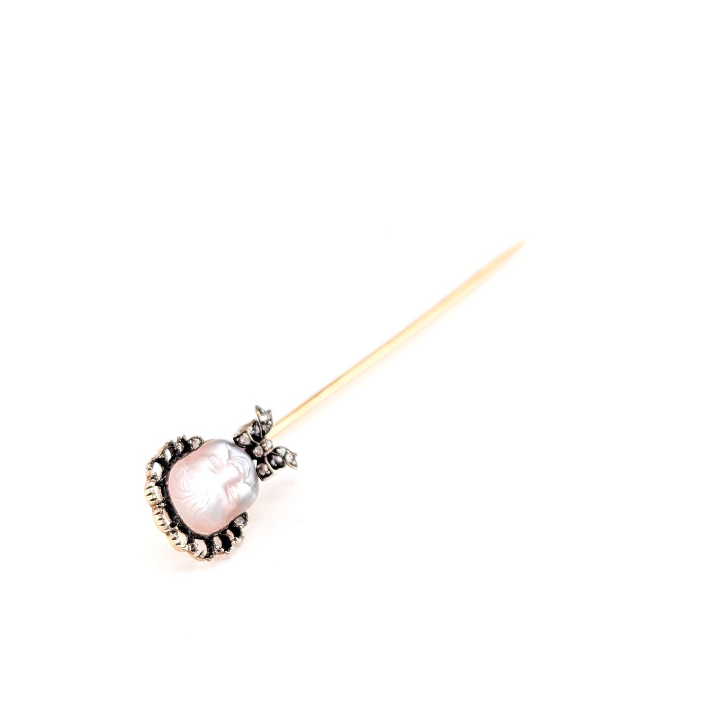 Antique Carved Moonstone Face & Diamond Stick Pin in 14K Yellow Gold and Silver