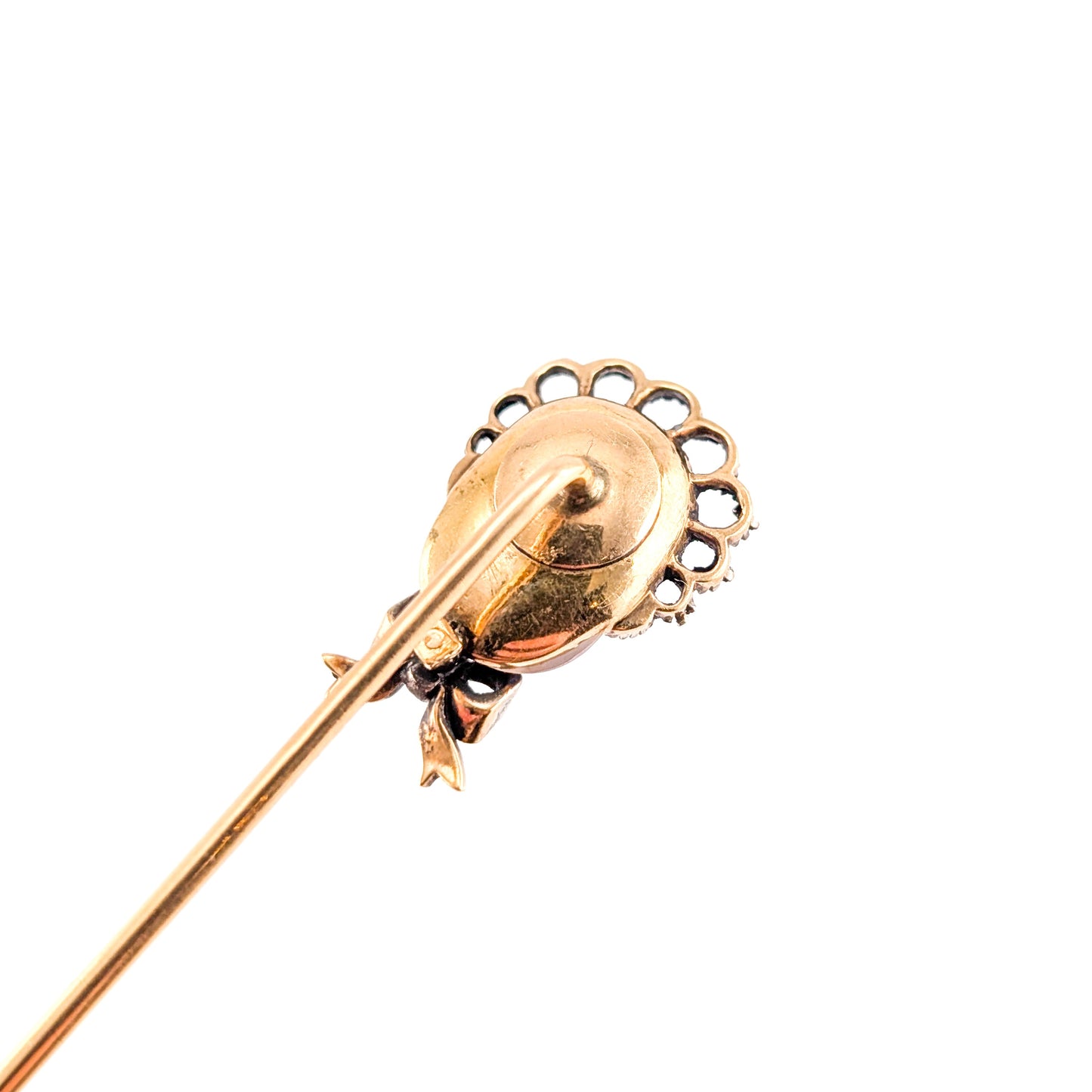 Antique Carved Moonstone Face & Diamond Stick Pin in 14K Yellow Gold and Silver