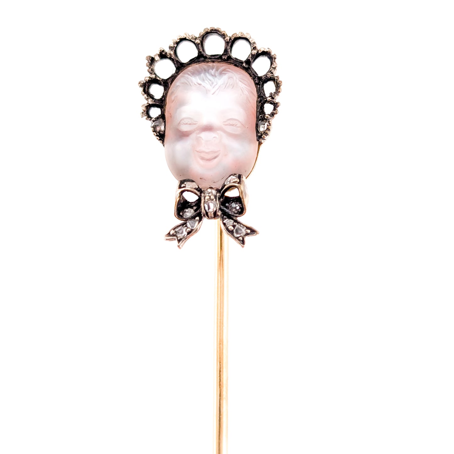 Antique Carved Moonstone Face & Diamond Stick Pin in 14K Yellow Gold and Silver