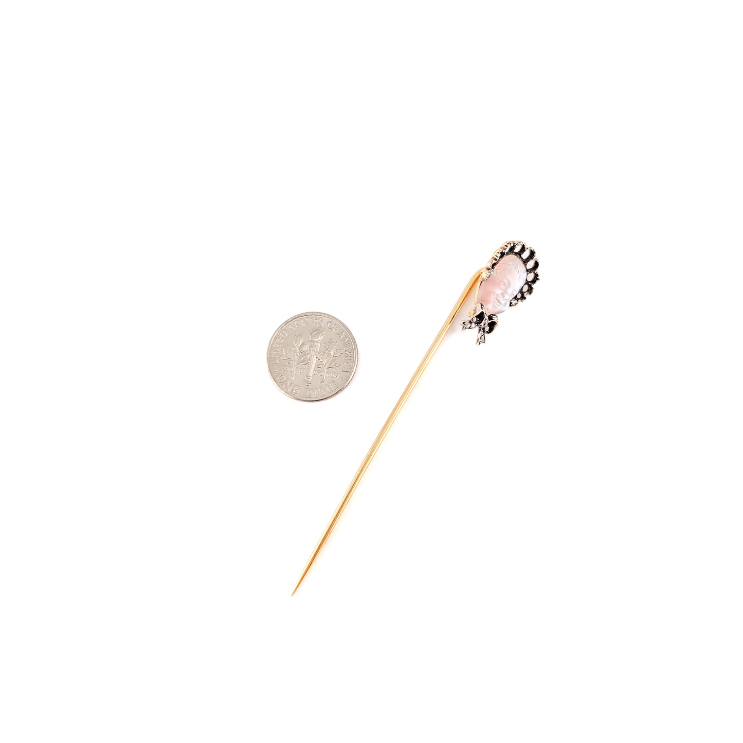 Antique Carved Moonstone Face & Diamond Stick Pin in 14K Yellow Gold and Silver