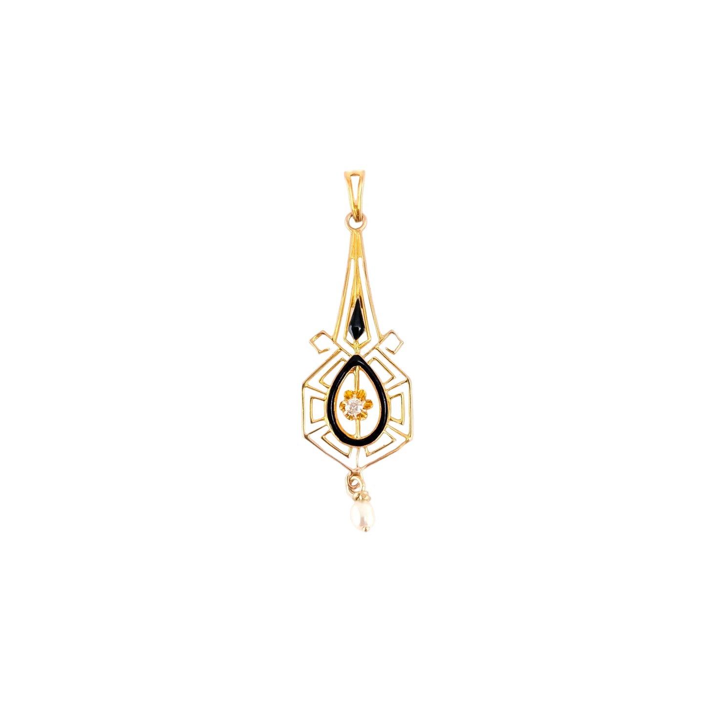 Antique Art Nouveau 10K Gold, Enamel, Diamond & Pearl Lavallière Pendant
