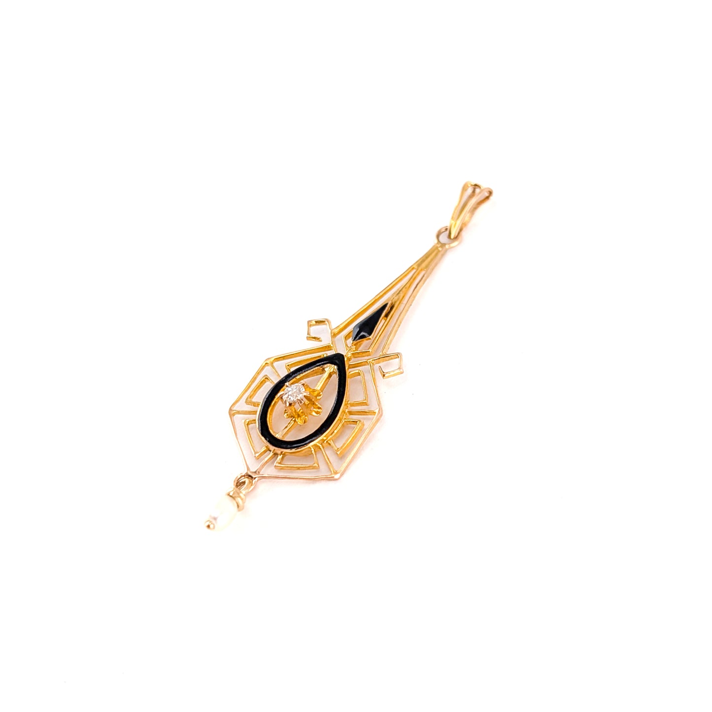 Antique Art Nouveau 10K Gold, Enamel, Diamond & Pearl Lavallière Pendant