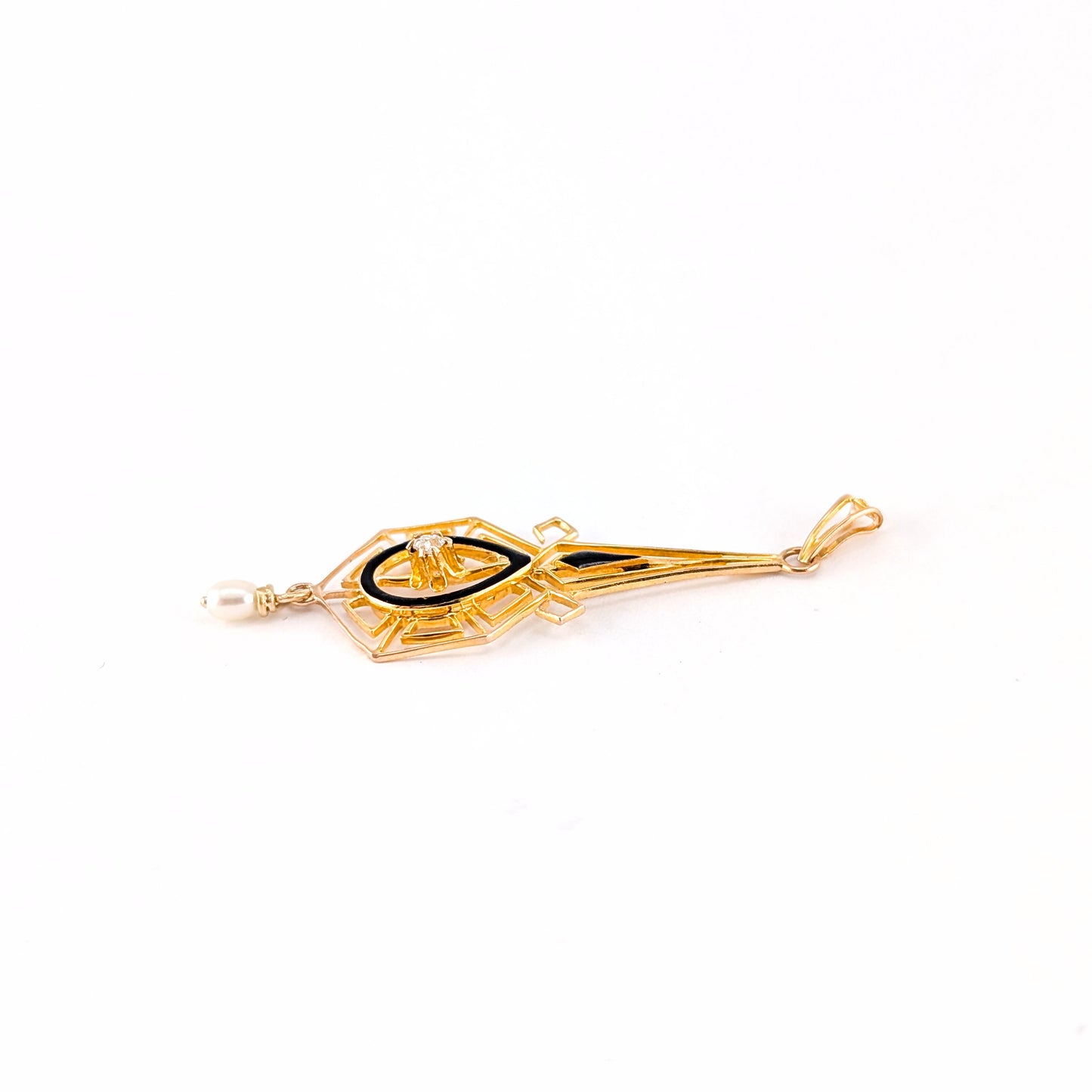 Antique Art Nouveau 10K Gold, Enamel, Diamond & Pearl Lavallière Pendant