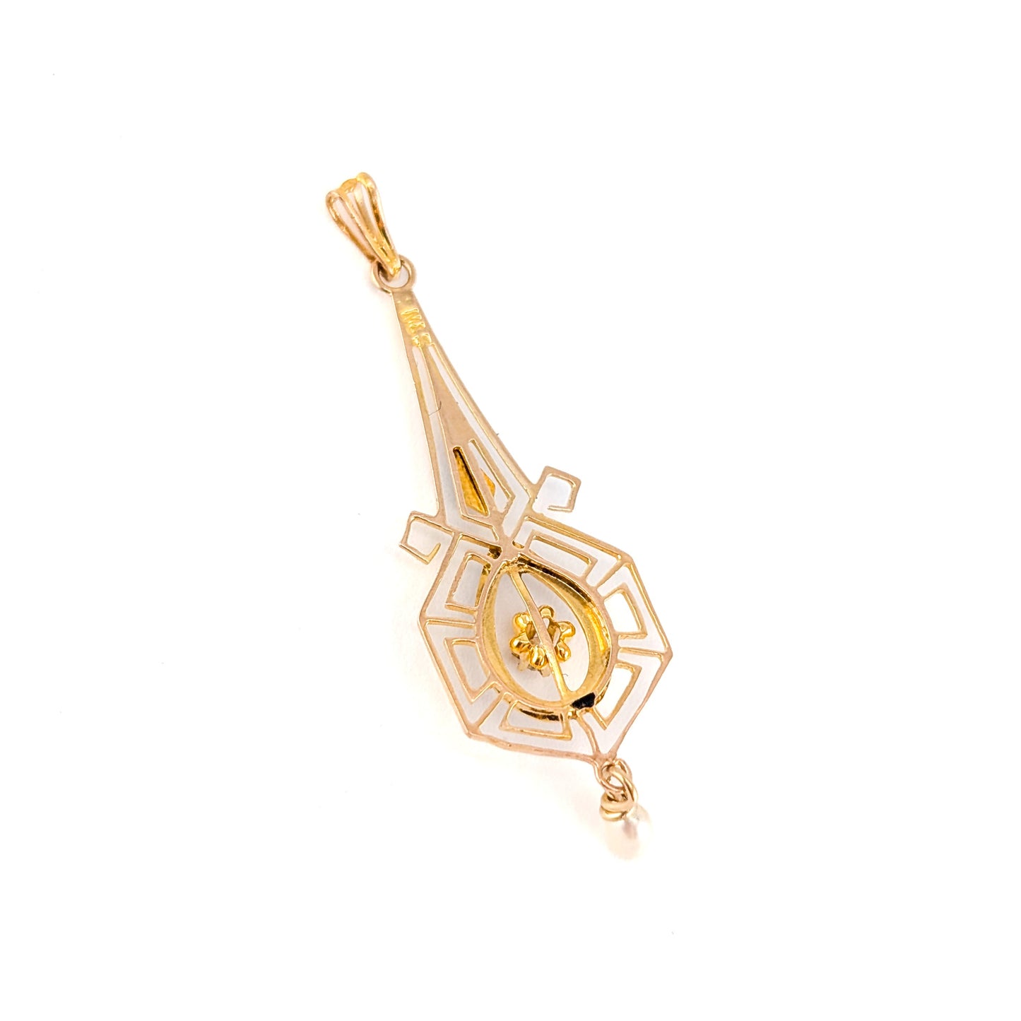 Antique Art Nouveau 10K Gold, Enamel, Diamond & Pearl Lavallière Pendant