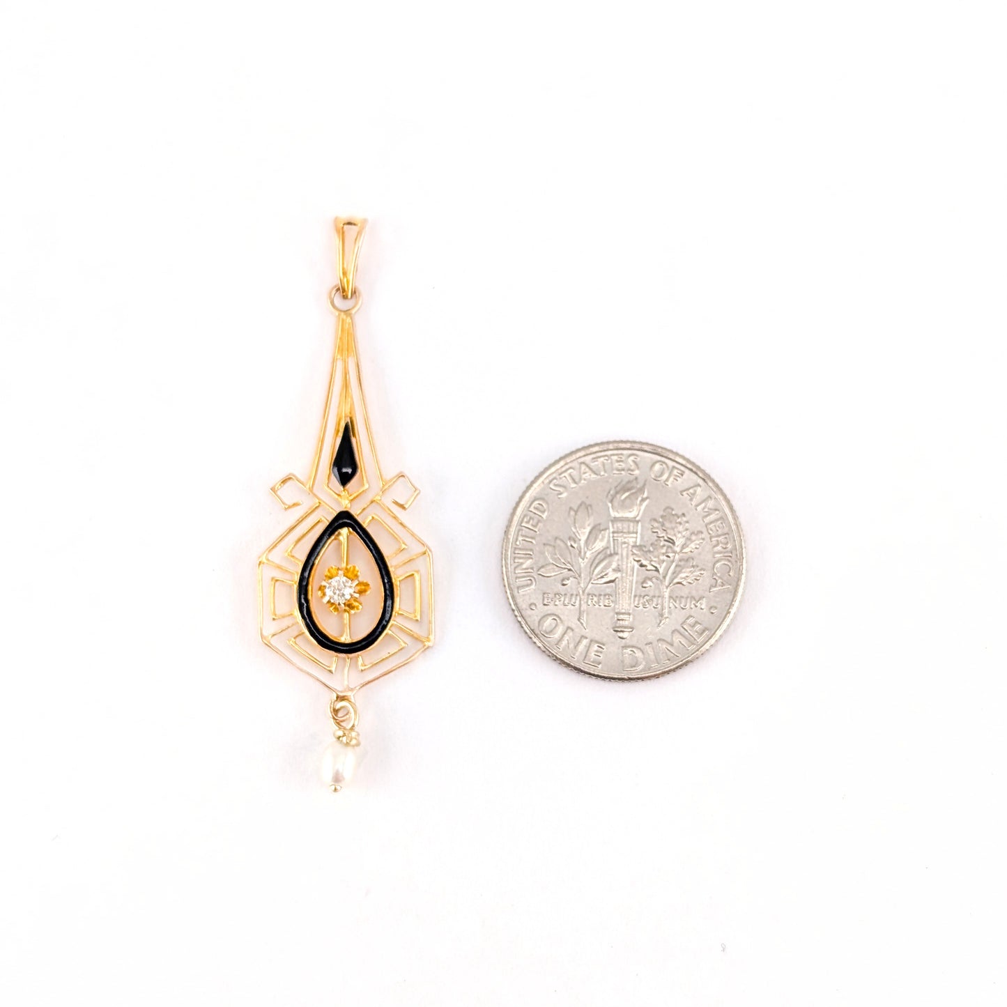 Antique Art Nouveau 10K Gold, Enamel, Diamond & Pearl Lavallière Pendant