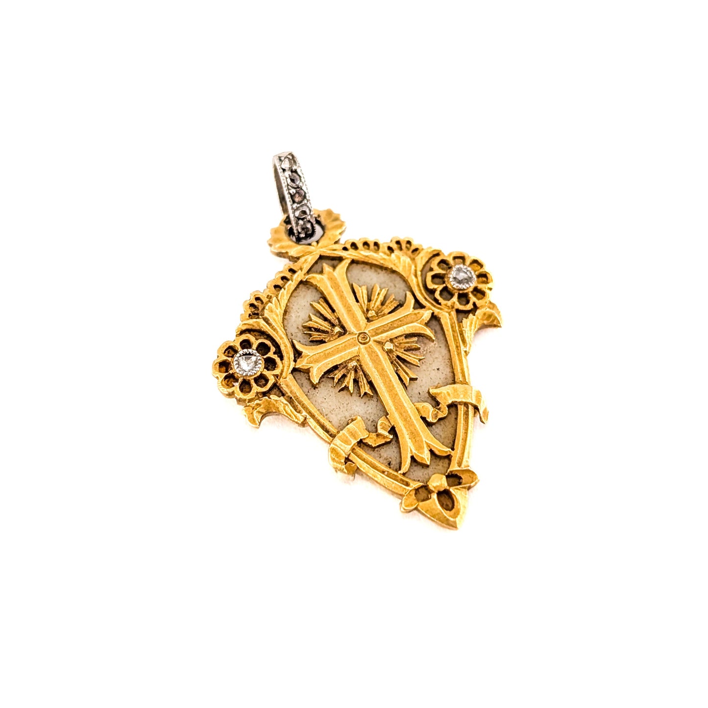 Antique 18K Gold, Platinum & Diamond Memorial Cross Pendant (1844)