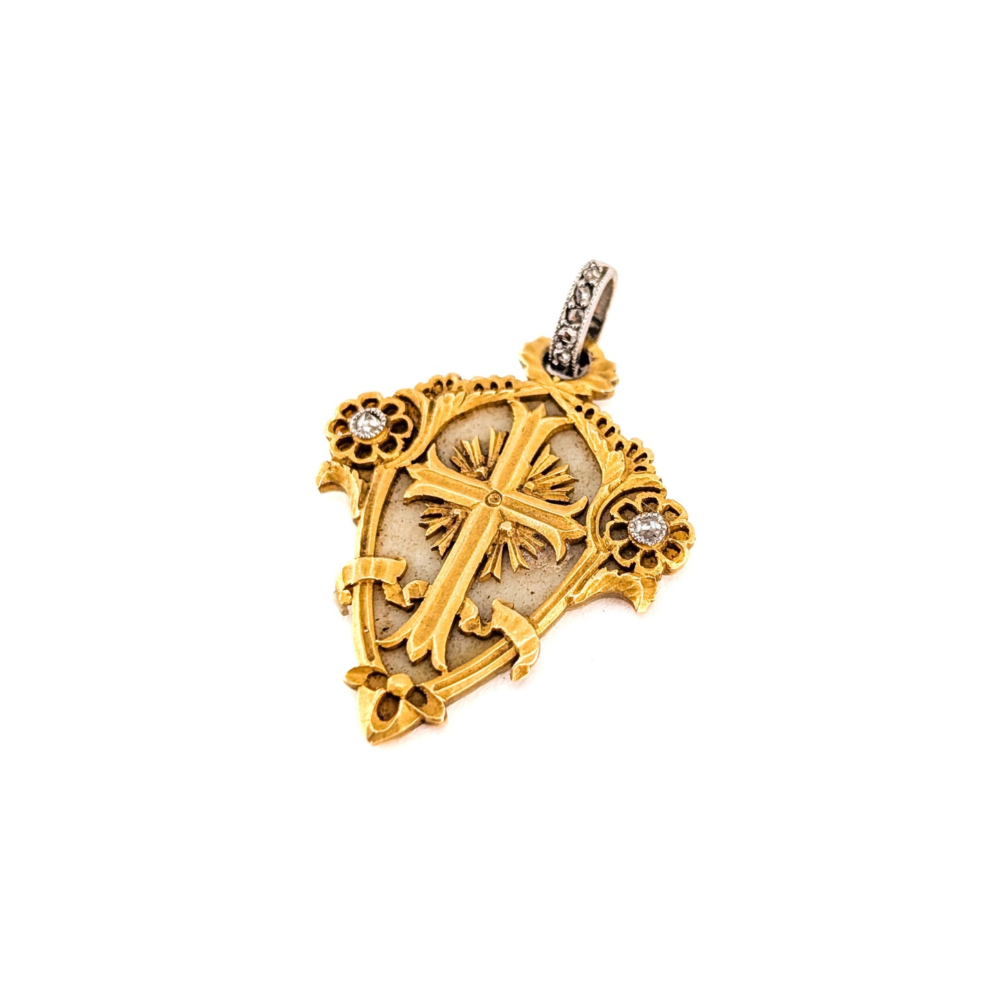 Antique 18K Gold, Platinum & Diamond Memorial Cross Pendant (1844)