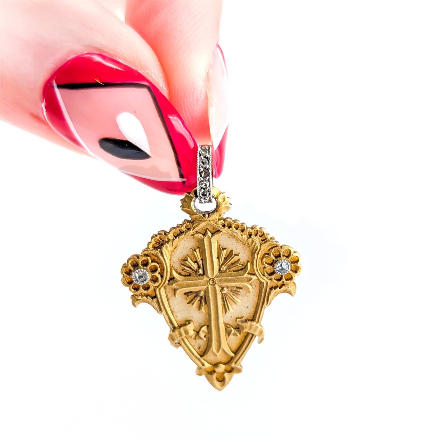 Antique 18K Gold, Platinum & Diamond Memorial Cross Pendant (1844)