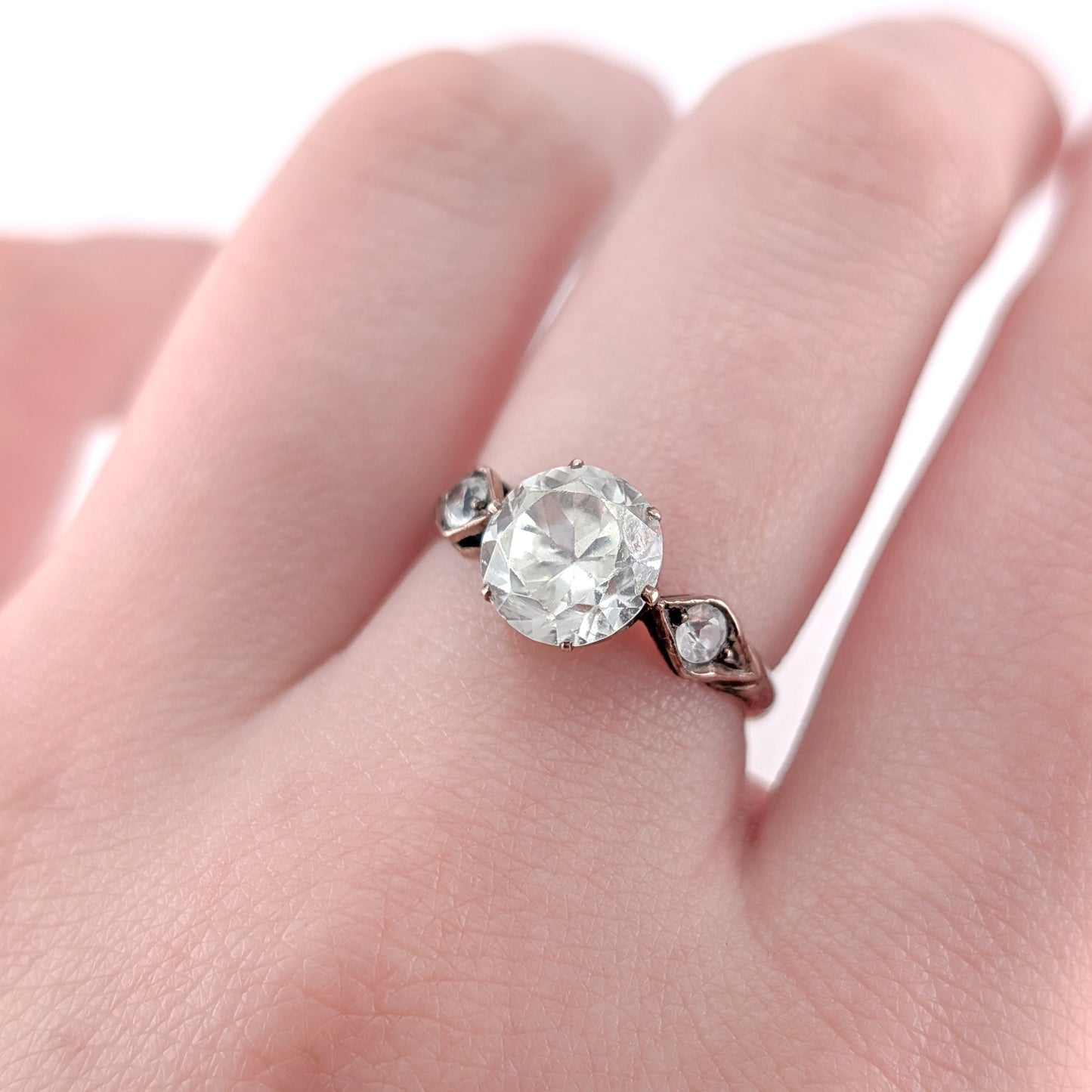 Vintage 9ct Rose Gold Antique Glass Three Stone Ring