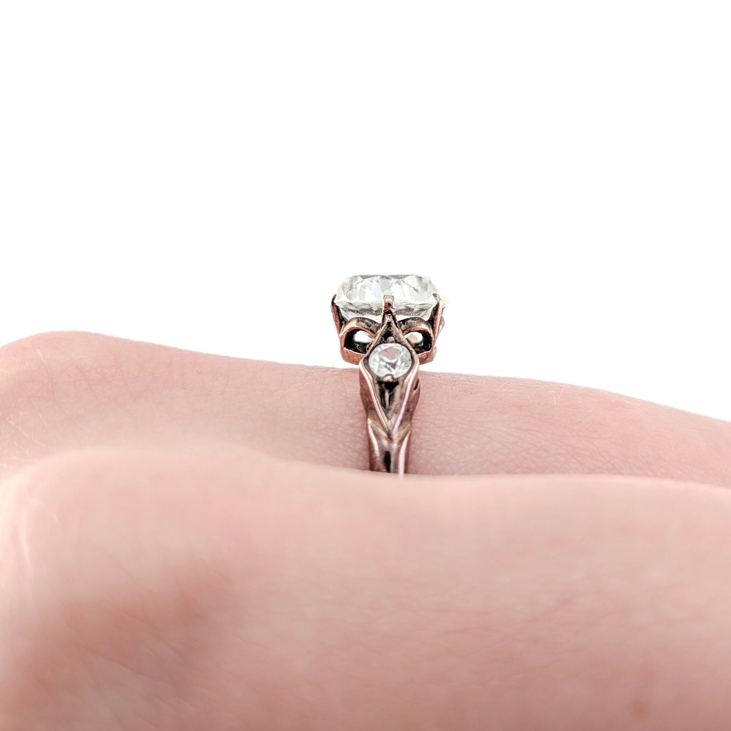 Vintage 9ct Rose Gold Antique Glass Three Stone Ring