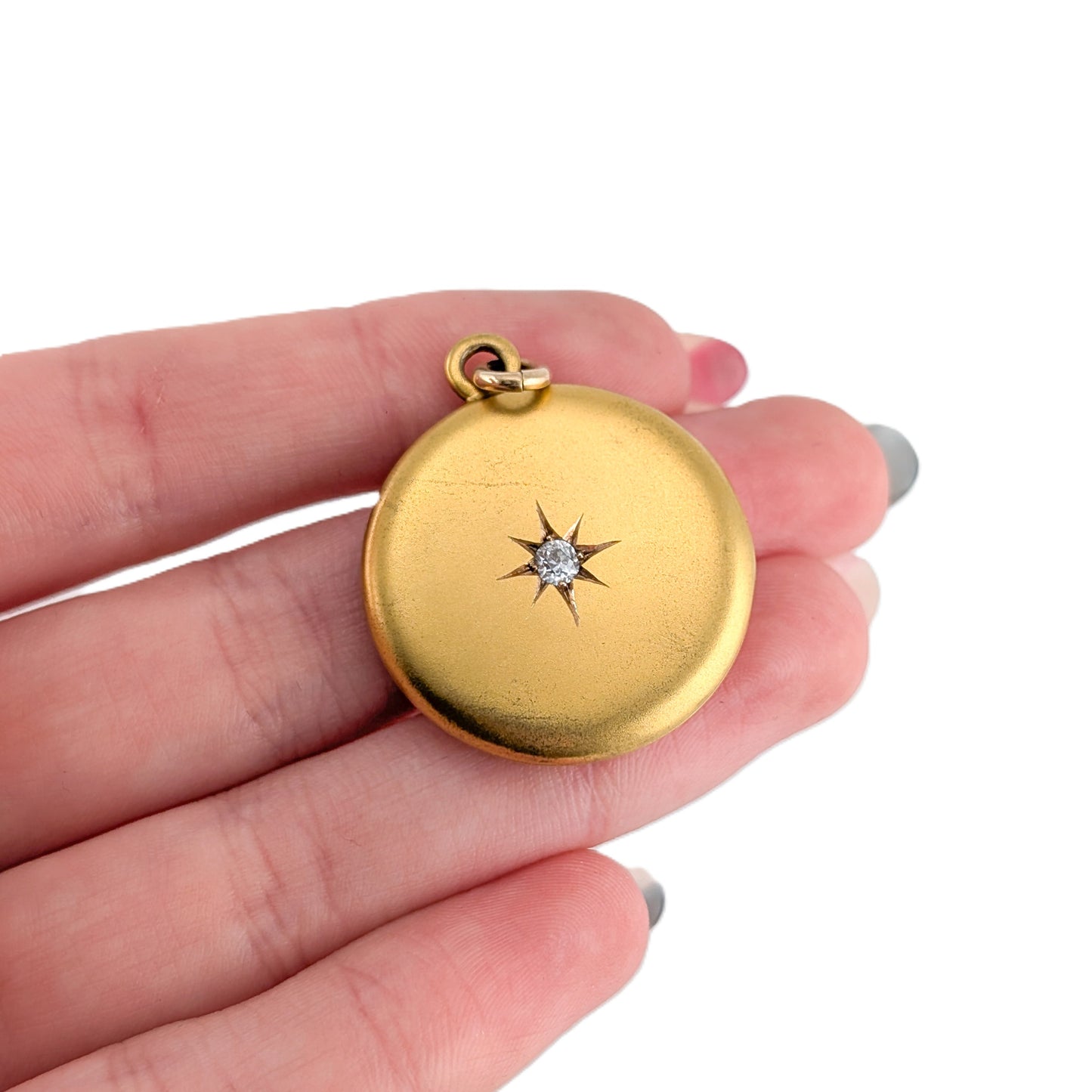 Antique 14K Gold Diamond Starburst Round Locket Pendant - Monogrammed "W"