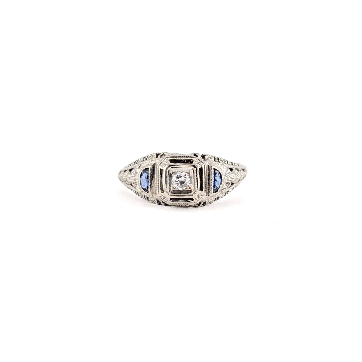 Antique 18K White Gold Diamond & Sapphire Ring - Filigree Engagement Ring