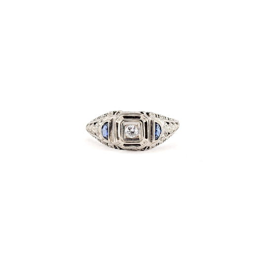 Antique 18K White Gold Diamond & Sapphire Ring - Filigree Engagement Ring