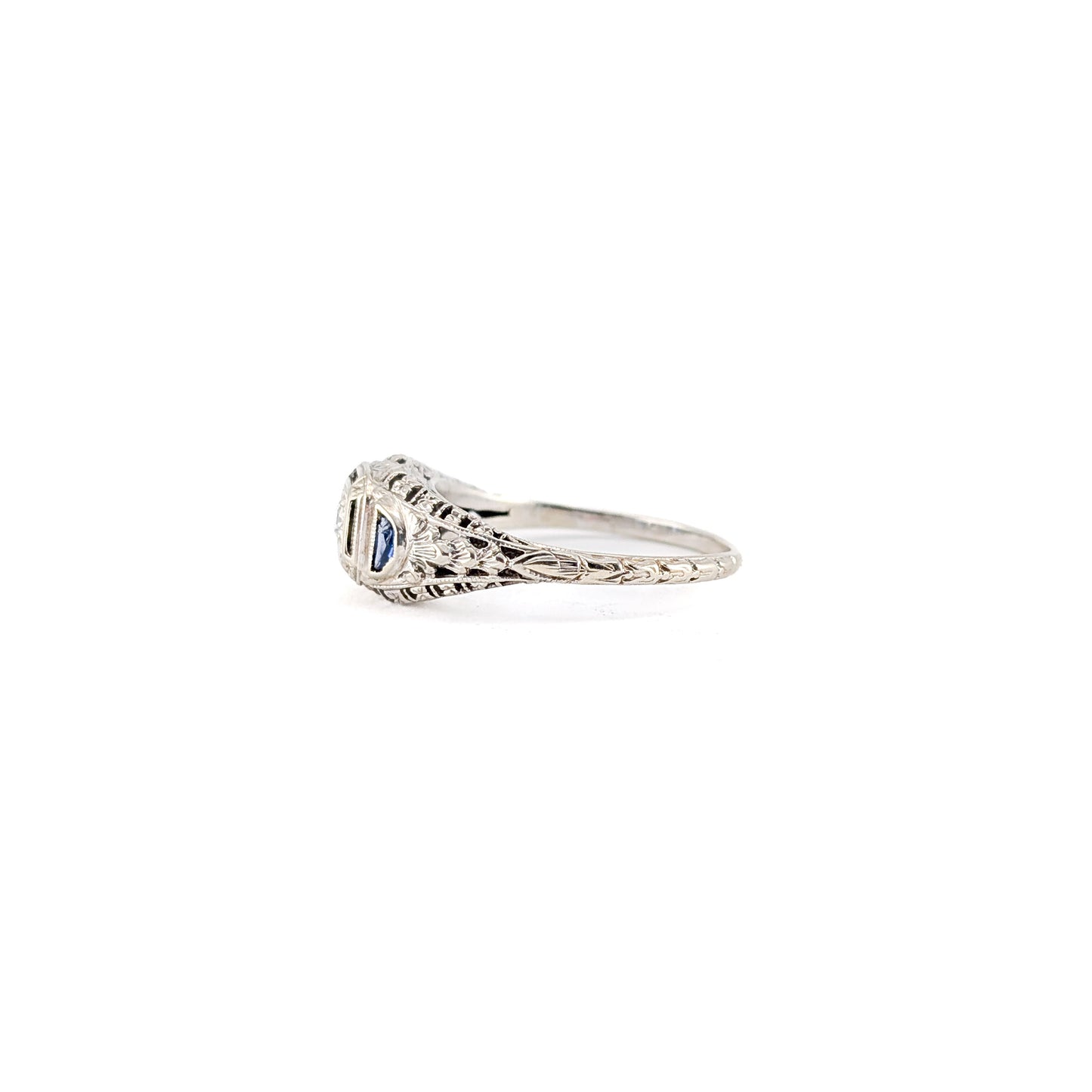 Antique 18K White Gold Diamond & Sapphire Ring - Filigree Engagement Ring