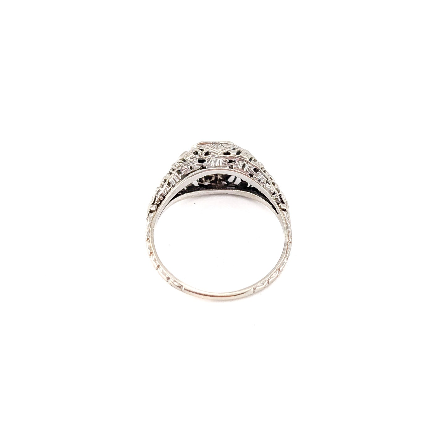 Antique 18K White Gold Diamond & Sapphire Ring - Filigree Engagement Ring