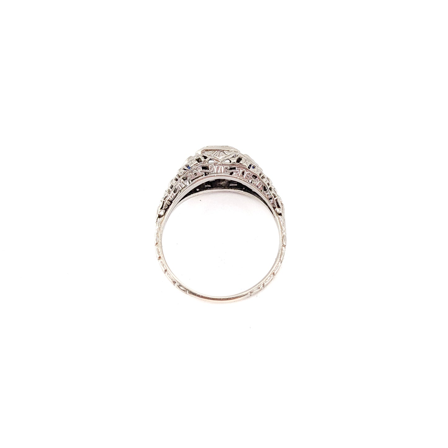 Antique 18K White Gold Diamond & Sapphire Ring - Filigree Engagement Ring