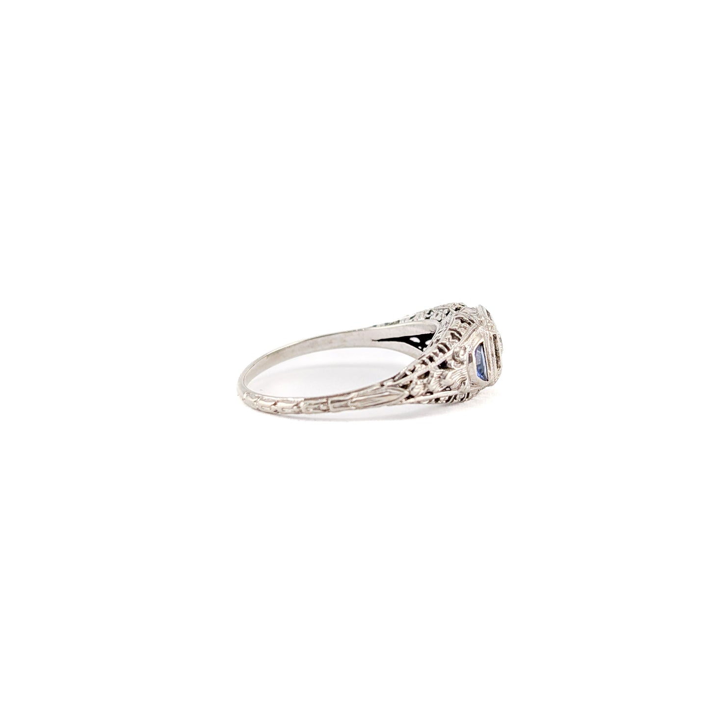 Antique 18K White Gold Diamond & Sapphire Ring - Filigree Engagement Ring