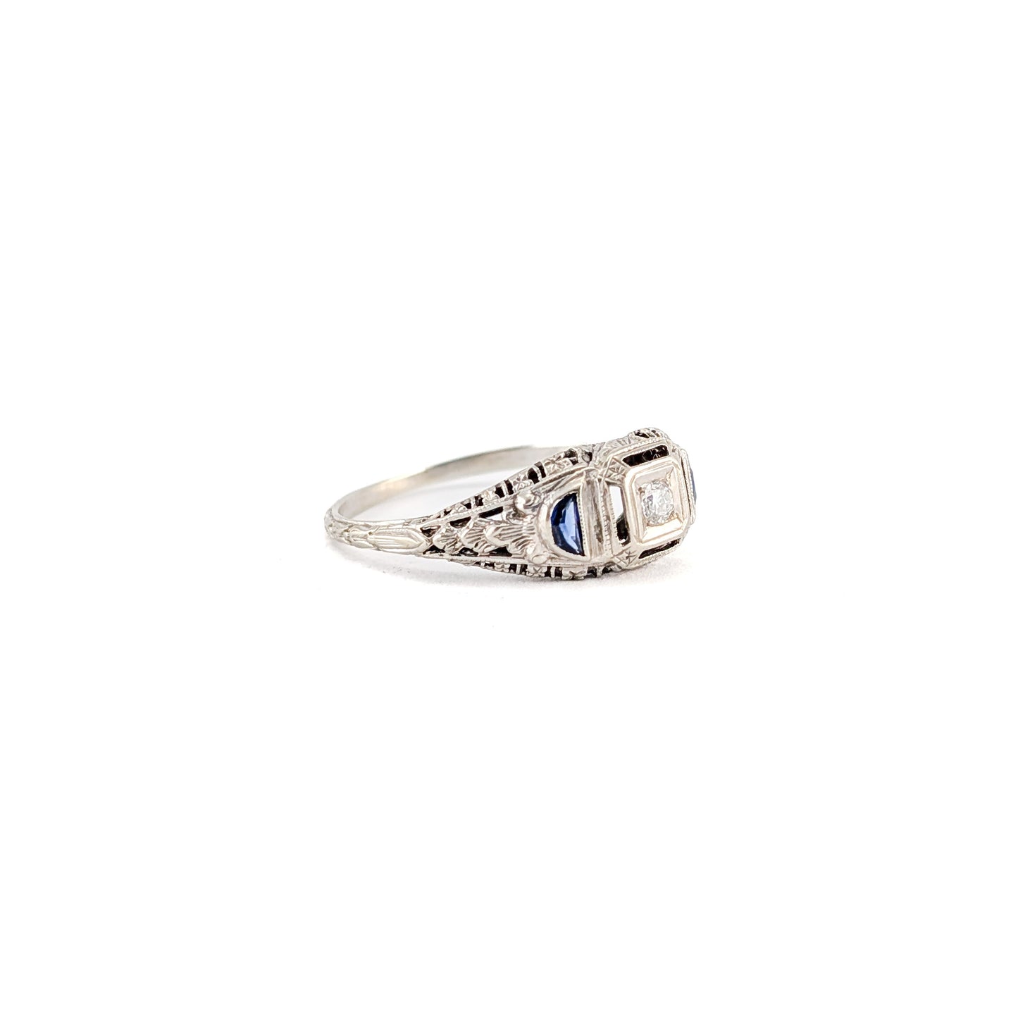 Antique 18K White Gold Diamond & Sapphire Ring - Filigree Engagement Ring