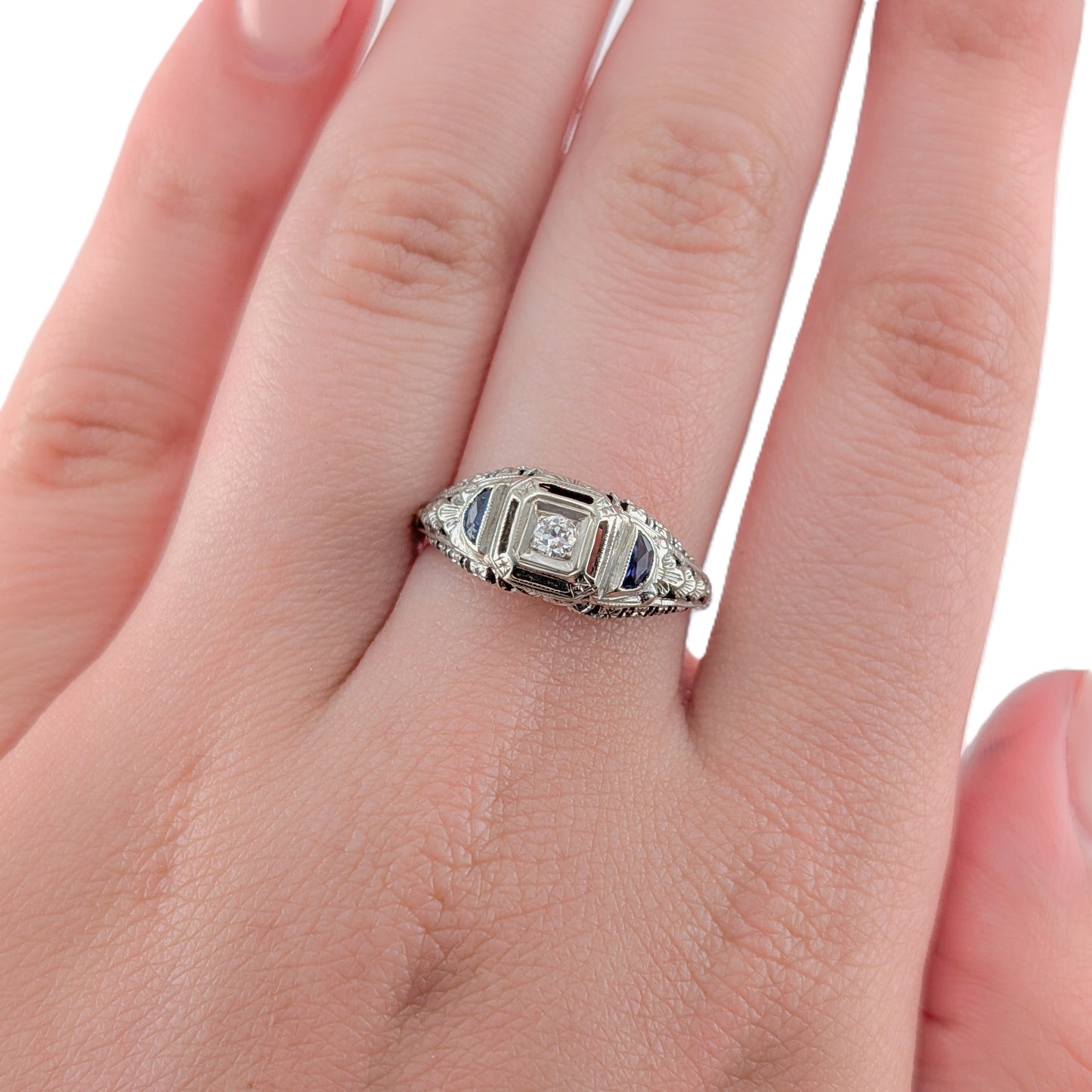 Antique 18K White Gold Diamond & Sapphire Ring - Filigree Engagement Ring