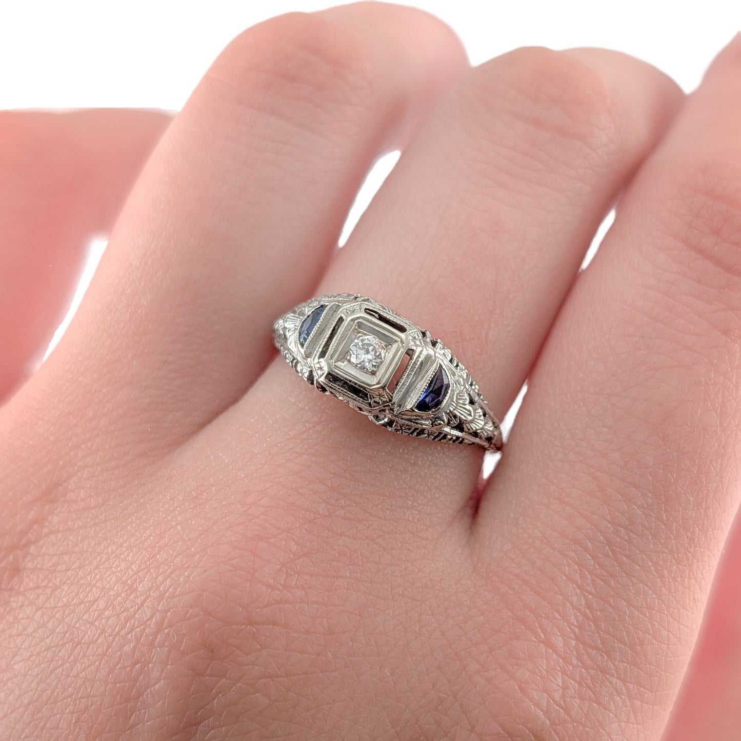 Antique 18K White Gold Diamond & Sapphire Ring - Filigree Engagement Ring