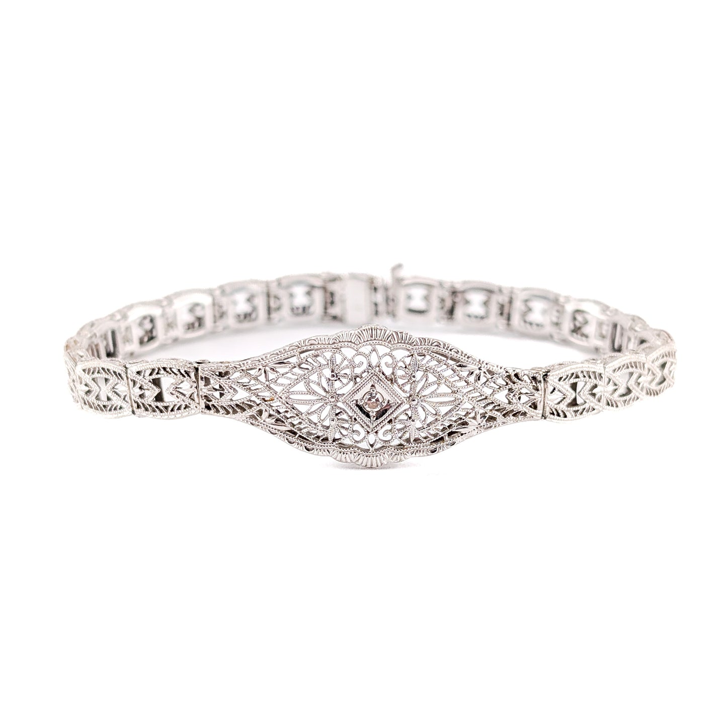 Antique Art Deco 14K White Gold Diamond Filigree Bracelet
