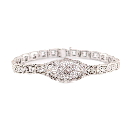 Antique Art Deco 14K White Gold Diamond Filigree Bracelet
